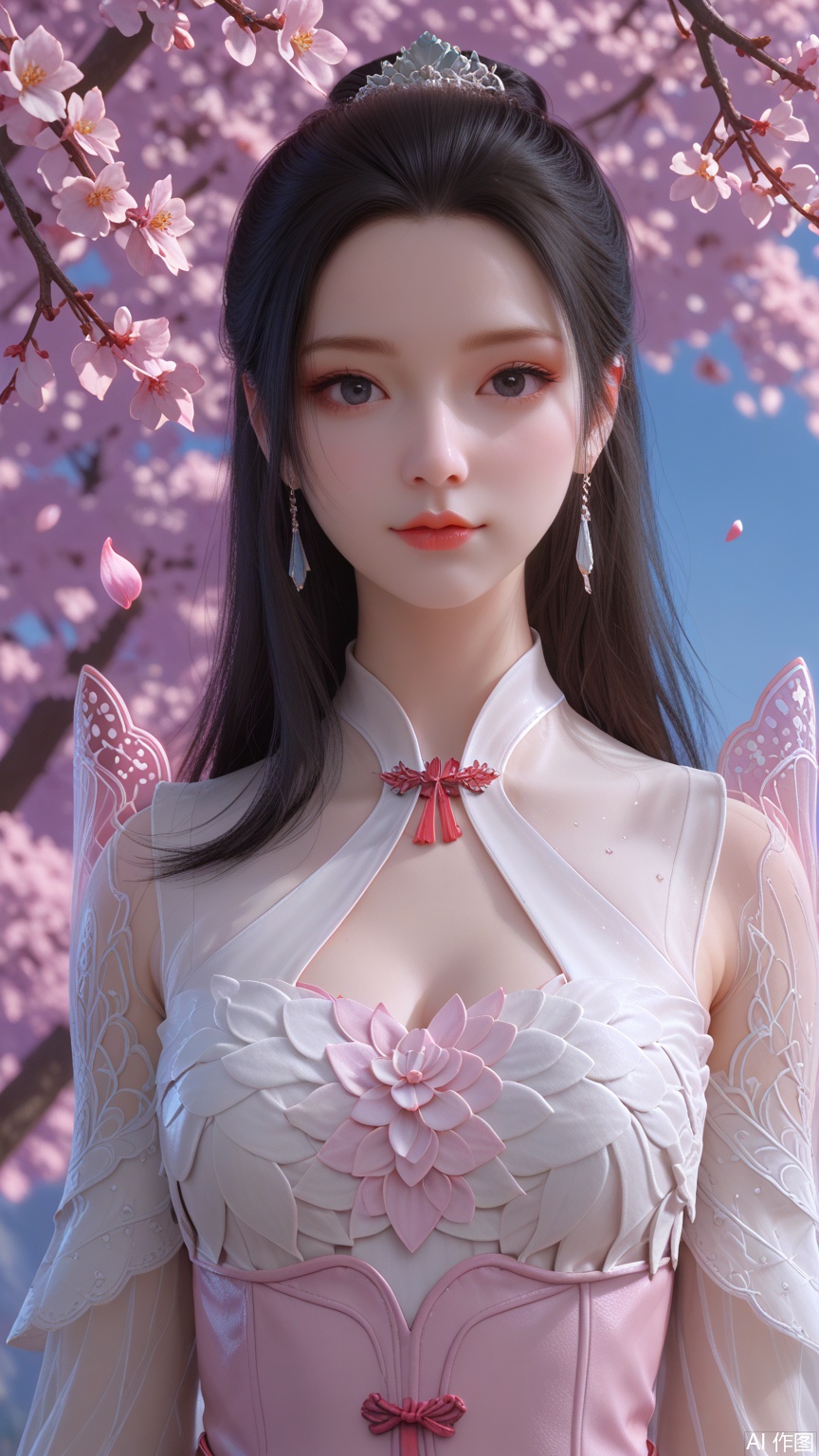score_9_up,score_8_up,score_7_up, (high definition, Best quality, masterpiece, 4K, exquisite skin), (petal and beam background:1.1), 1girl, big chest, looking at viewer, cowboy_shot