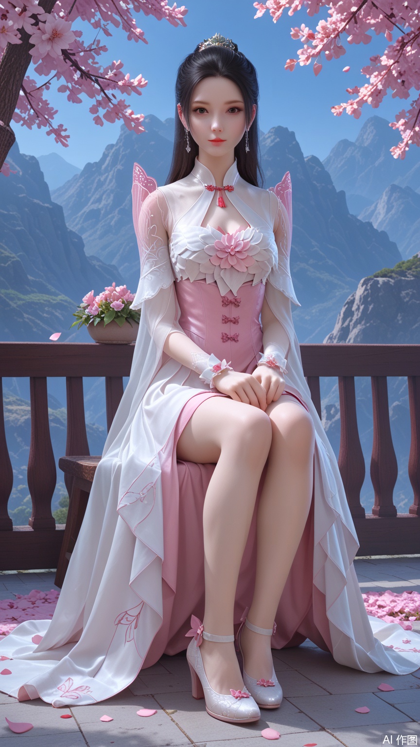 score_9_up,score_8_up,score_7_up, (high definition, Best quality, masterpiece, 4K, exquisite skin), (petal and beam background:1.1), 1girl, big chest, looking at viewer, sitting, shoes