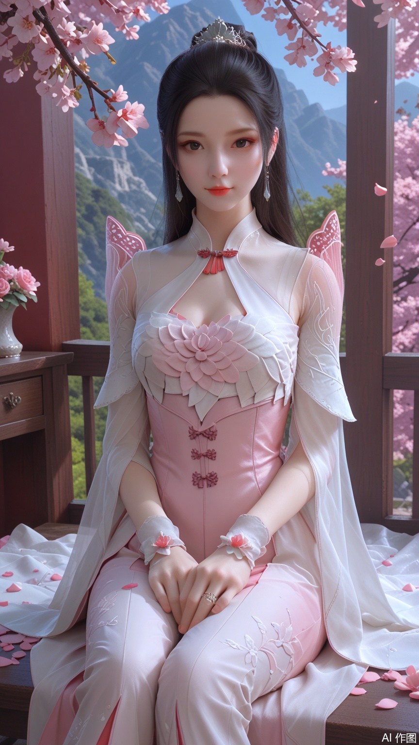 score_9_up,score_8_up,score_7_up, (high definition, Best quality, masterpiece, 4K, exquisite skin), (petal and beam background:1.1), 1girl, big chest, looking at viewer, sitting