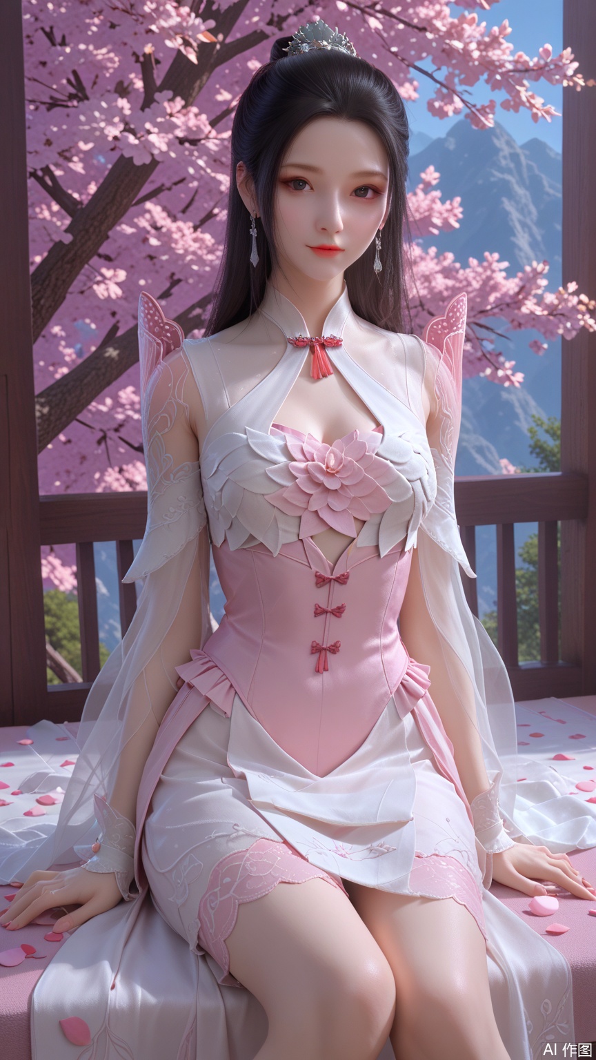 score_9_up,score_8_up,score_7_up, (high definition, Best quality, masterpiece, 4K, exquisite skin), (petal and beam background:1.1), 1girl, big chest, looking at viewer, sitting
