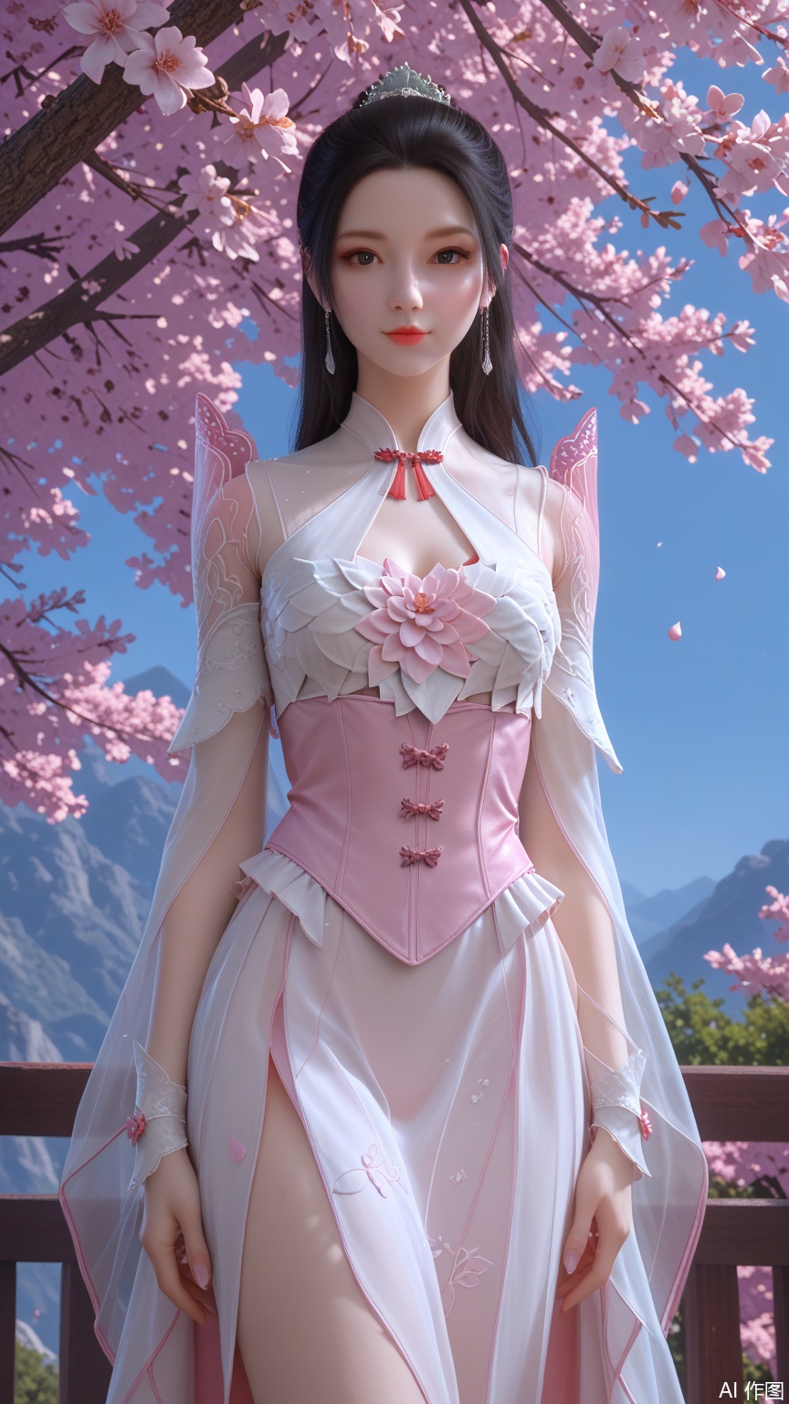 score_9_up,score_8_up,score_7_up, (high definition, Best quality, masterpiece, 4K, exquisite skin), (petal and beam background:1.1), 1girl, big chest, legs, looking at viewer, cowboy_shot