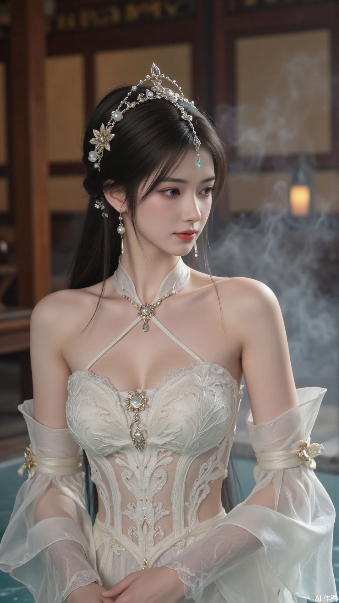 Ancient costume beauties,This is a high-resolution photograph of an East Asian woman, likely in her twenties, standing waist-deep in a steamy, misty pool. She has fair skin, delicate facial features, and long, straight black hair styled in an elegant updo adorned with traditional ornamental hairpins featuring intricate gold designs and pearls. Her eyes are almond-shaped and accentuated with subtle makeup, giving her a serene, contemplative expression.

She is wearing a white, lace halter top with intricate floral patterns, paired with a sheer, off-white, long-sleeved blouse that drapes over her shoulders, adding a soft, ethereal texture to her attire. The mist around her creates a dreamy, otherworldly atmosphere, with soft, diffused light casting gentle shadows that highlight her delicate features and the lace patterns of her top.

The background features wooden architecture with warm, earthy tones, suggesting an indoor setting with traditional wooden elements, possibly a bathhouse or a historical Japanese-style room. The wooden panels are partially visible, adding a sense of depth and historical context to the scene. The overall mood of the photograph is serene and nostalgic, capturing a moment of quiet reflection in a tranquil, ancient setting.