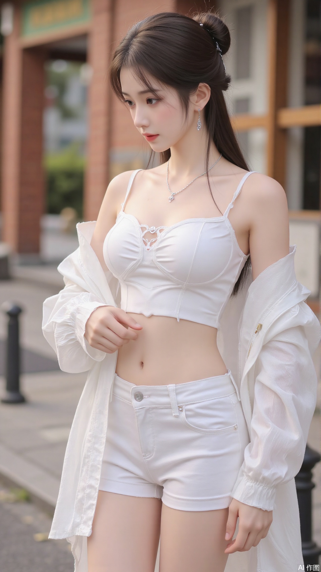 masterpiece,very aware,highres,absurdres,newest,best quality,chromatic_aberration,cinematic_angle,dutch angle, 1girl, solo, breasts, navel, white shorts, crop top, shorts, looking at viewer, cleavage, midriff, white jacket, jacket, off shoulder, medium breasts, camisole, heart, open clothes, open jacket, cowboy shot, hair bun, bare shoulders, single hair bun, stomach, spaghetti strap, white camisole, long sleeves, brown eyes, short shorts, crop top overhang, standing, collarbone, hand up, white shirt, parted lips, shirt, blush, towel, thighs, sleeveless