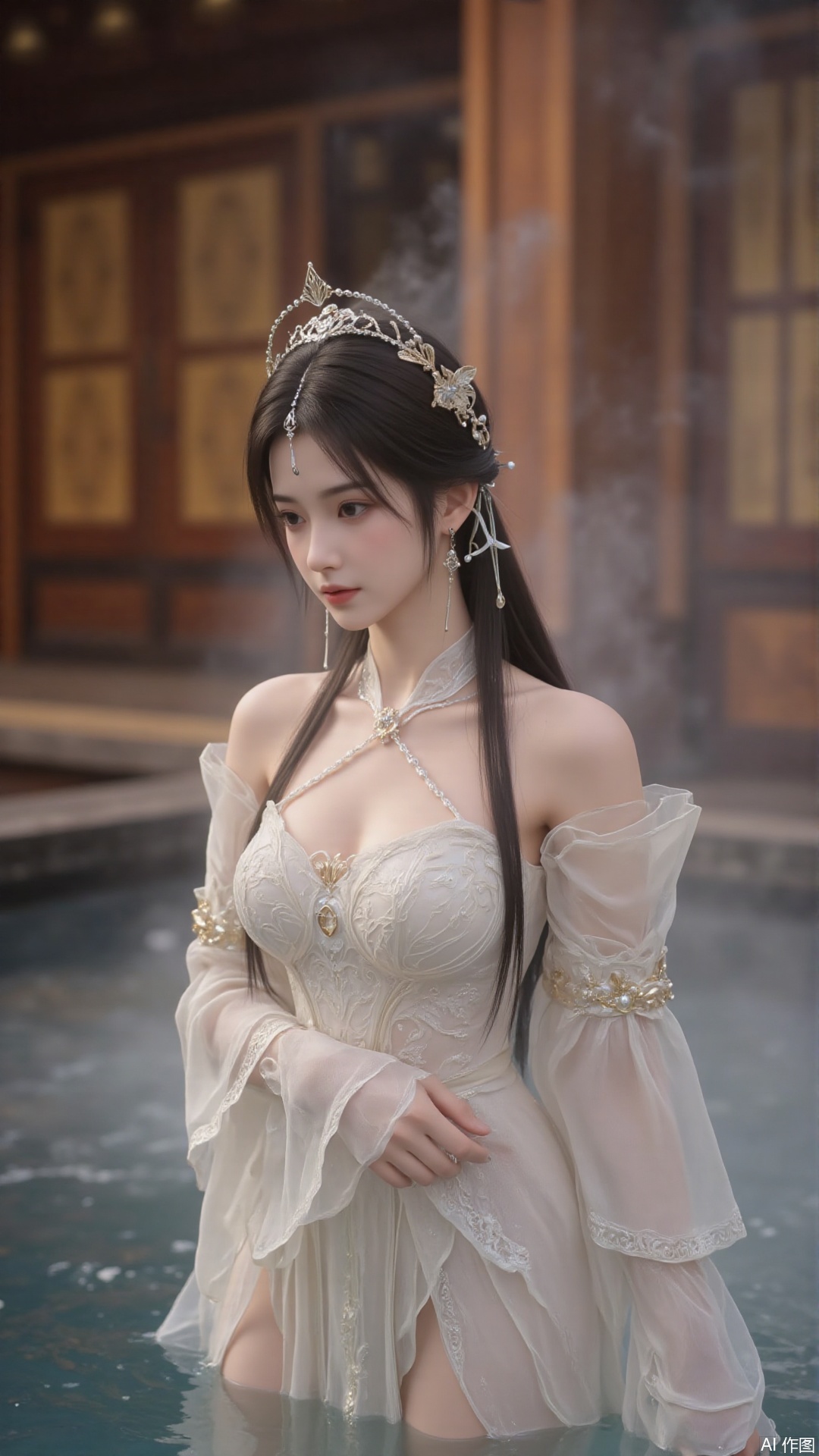 Ancient costume beauties,This is a high-resolution photograph of an East Asian woman, likely in her twenties, standing waist-deep in a steamy, misty pool. She has fair skin, delicate facial features, and long, straight black hair styled in an elegant updo adorned with traditional ornamental hairpins featuring intricate gold designs and pearls. Her eyes are almond-shaped and accentuated with subtle makeup, giving her a serene, contemplative expression.

She is wearing a white, lace halter top with intricate floral patterns, paired with a sheer, off-white, long-sleeved blouse that drapes over her shoulders, adding a soft, ethereal texture to her attire. The mist around her creates a dreamy, otherworldly atmosphere, with soft, diffused light casting gentle shadows that highlight her delicate features and the lace patterns of her top.

The background features wooden architecture with warm, earthy tones, suggesting an indoor setting with traditional wooden elements, possibly a bathhouse or a historical Japanese-style room. The wooden panels are partially visible, adding a sense of depth and historical context to the scene. The overall mood of the photograph is serene and nostalgic, capturing a moment of quiet reflection in a tranquil, ancient setting.