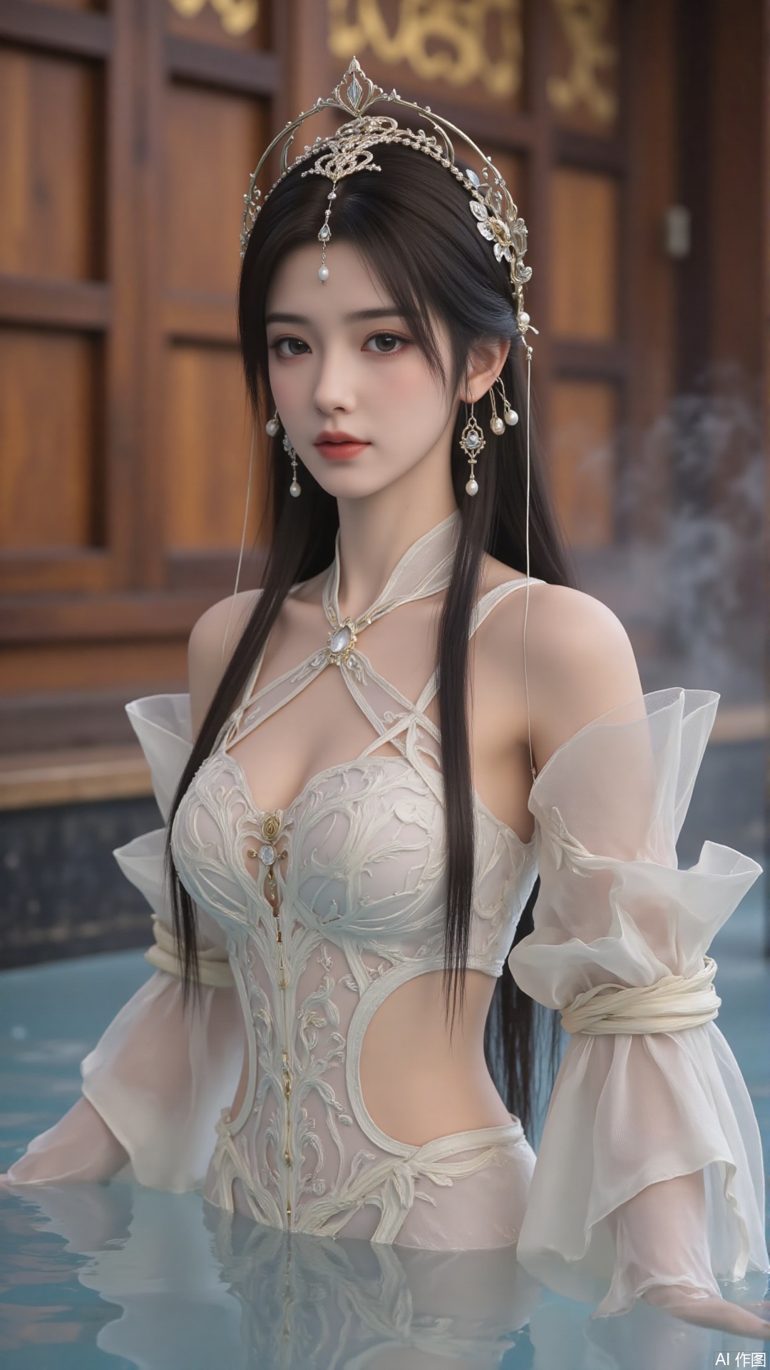 Ancient costume beauties,This is a high-resolution photograph of an East Asian woman, likely in her twenties, standing waist-deep in a steamy, misty pool. She has fair skin, delicate facial features, and long, straight black hair styled in an elegant updo adorned with traditional ornamental hairpins featuring intricate gold designs and pearls. Her eyes are almond-shaped and accentuated with subtle makeup, giving her a serene, contemplative expression.

She is wearing a white, lace halter top with intricate floral patterns, paired with a sheer, off-white, long-sleeved blouse that drapes over her shoulders, adding a soft, ethereal texture to her attire. The mist around her creates a dreamy, otherworldly atmosphere, with soft, diffused light casting gentle shadows that highlight her delicate features and the lace patterns of her top.

The background features wooden architecture with warm, earthy tones, suggesting an indoor setting with traditional wooden elements, possibly a bathhouse or a historical Japanese-style room. The wooden panels are partially visible, adding a sense of depth and historical context to the scene. The overall mood of the photograph is serene and nostalgic, capturing a moment of quiet reflection in a tranquil, ancient setting.