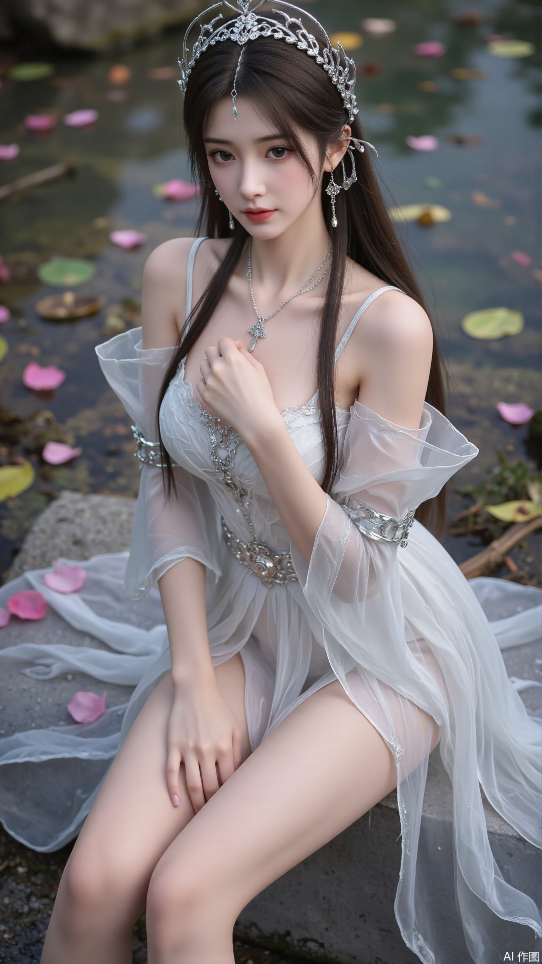 Ultra clear, wallpaper, 8k, masterpiece, 1girl, solo, long hair, looking at viewer, hair ornament, dress, jewelry, sitting, earrings, water, necklace, petals, bare legs, leaf, soaking feet, falling petals