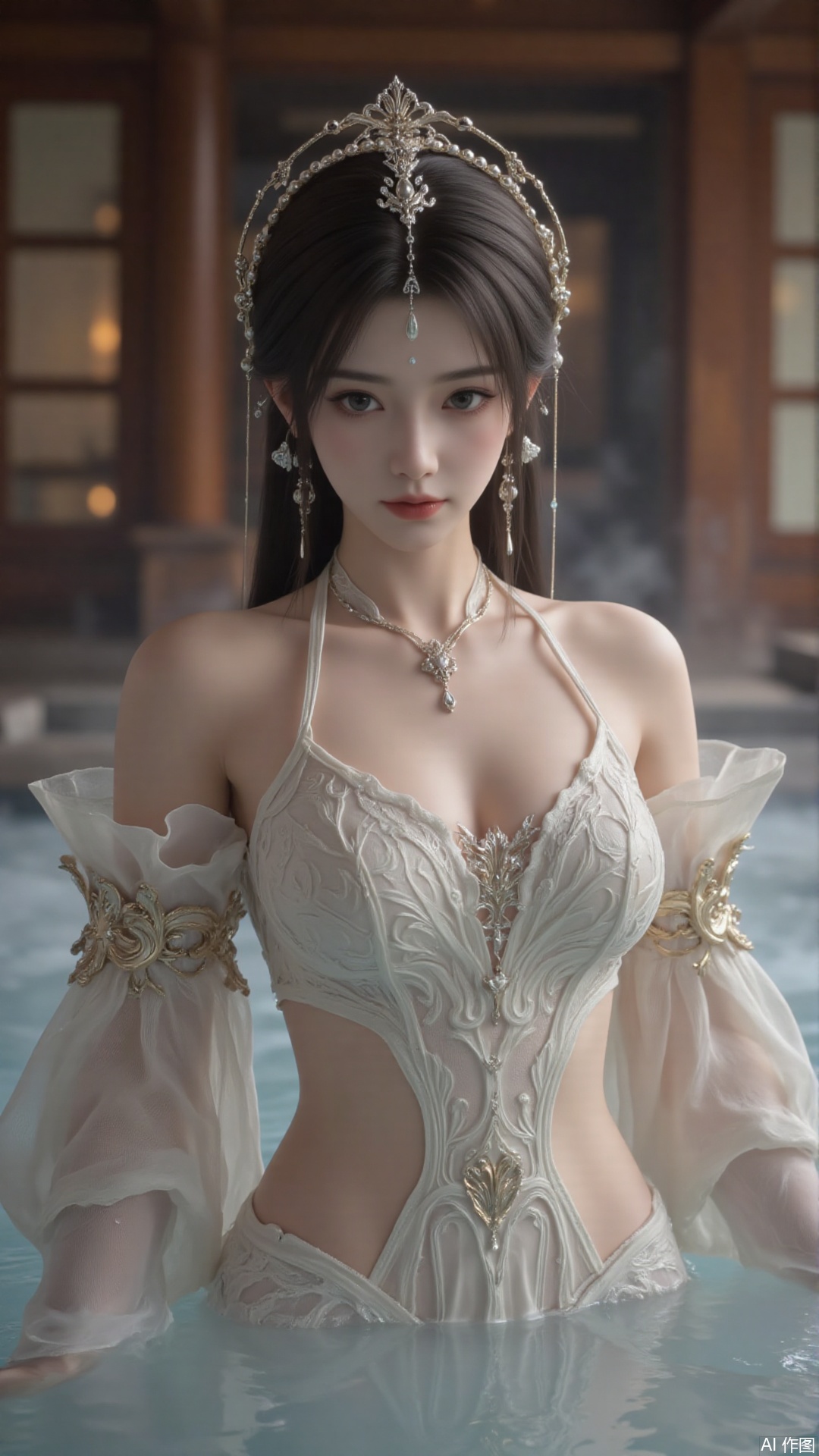 Ancient costume beauties,This is a high-resolution photograph of an East Asian woman, likely in her twenties, standing waist-deep in a steamy, misty pool. She has fair skin, delicate facial features, and long, straight black hair styled in an elegant updo adorned with traditional ornamental hairpins featuring intricate gold designs and pearls. Her eyes are almond-shaped and accentuated with subtle makeup, giving her a serene, contemplative expression.

She is wearing a white, lace halter top with intricate floral patterns, paired with a sheer, off-white, long-sleeved blouse that drapes over her shoulders, adding a soft, ethereal texture to her attire. The mist around her creates a dreamy, otherworldly atmosphere, with soft, diffused light casting gentle shadows that highlight her delicate features and the lace patterns of her top.

The background features wooden architecture with warm, earthy tones, suggesting an indoor setting with traditional wooden elements, possibly a bathhouse or a historical Japanese-style room. The wooden panels are partially visible, adding a sense of depth and historical context to the scene. The overall mood of the photograph is serene and nostalgic, capturing a moment of quiet reflection in a tranquil, ancient setting.