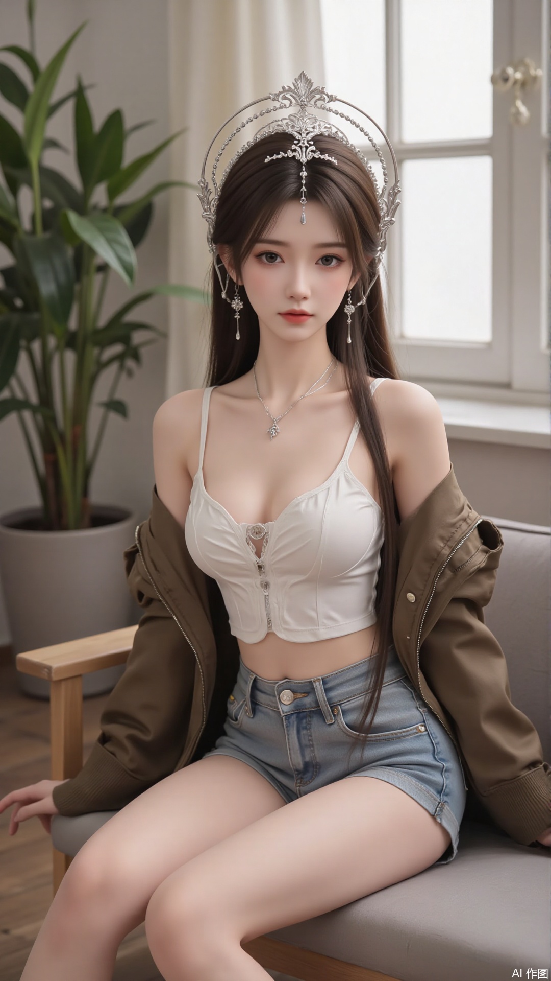masterpiece,very aware,highres,absurdres,newest,best quality,high quality,chromatic_aberration,cinematic_angle,dutch angle, 1girl, solo, shorts, halo, off shoulder, navel, looking at viewer, strap slip, camisole, sitting, long hair, jacket, short shorts, breasts, dolphin shorts, plant, grey shorts, midriff, brown jacket, bare shoulders, closed mouth, crop top, white camisole, open clothes, feet out of frame, open jacket, indoors, brown hair, thighs, expressionless, spaghetti strap, window, shirt, half-closed eyes, sleeveless, bare legs, potted plant, long sleeves, stomach, white shirt, blue shorts, sleeveless shirt, collarbone, very aesthetic,absurdres,newest,masterpiece,safe,amazing quality,(aestivation:1.4)