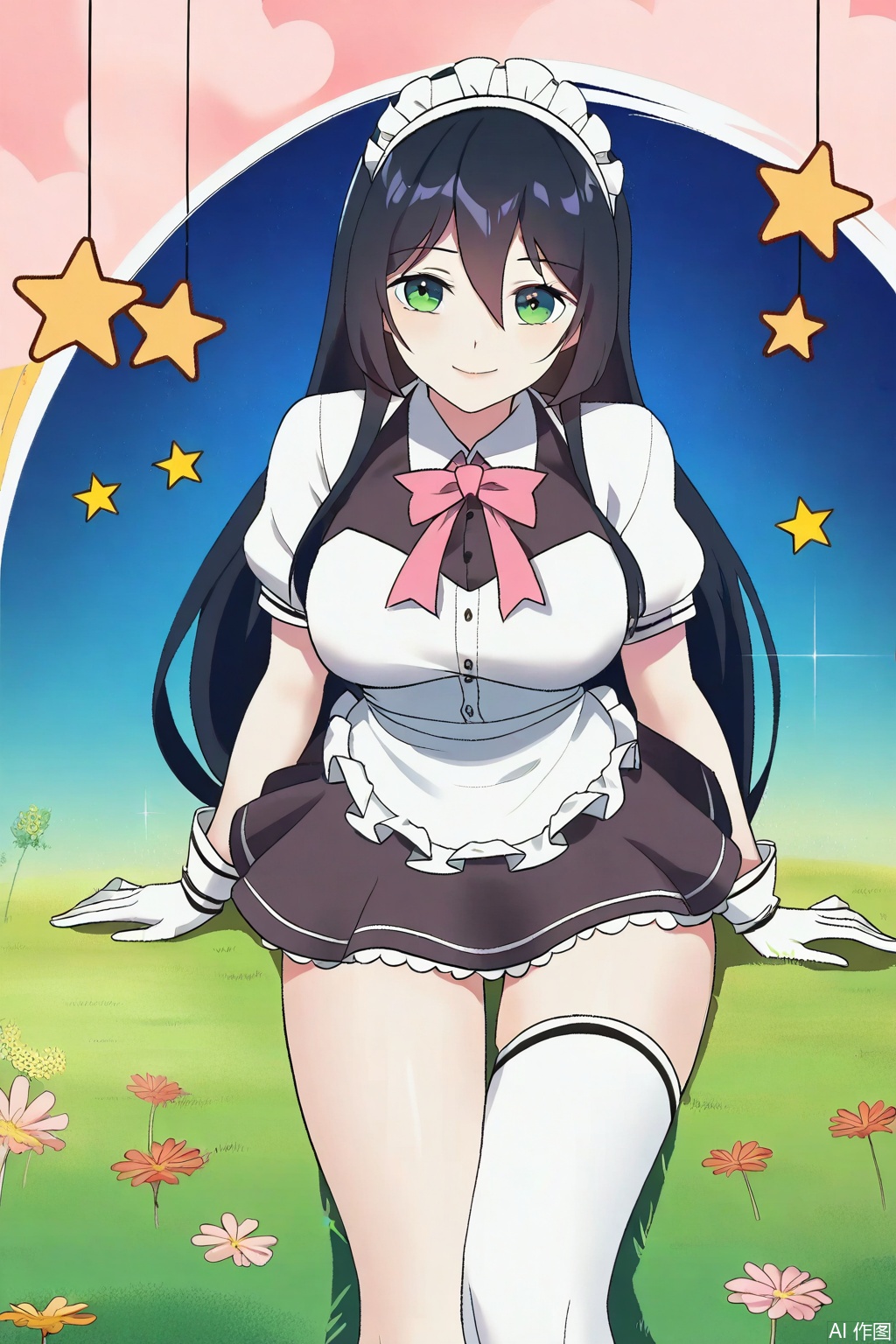 1girl, solo, long hair, breasts, smile, bangs, large breasts, black hair, gloves, dress, hair between eyes, green eyes, short sleeves, white gloves, star \(symbol\), apron, maid, maid headdress, maid apron,Thigh exposed,thighhighs,looking at viewer,in a meadow,in a meadow,