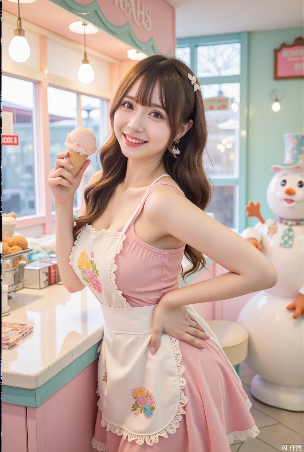 In a whimsical, pastel-colored ice cream parlor, an Asian woman with soft, honey-brown hair styled in loose curls exudes a playful charm. Her makeup is light and natural, with a dewy finish, a touch of pink blush, and a glossy, strawberry-pink lip tint. She wears a vintage sundress adorned with delicate floral patterns, complemented by a white apron with colorful patches. The scene is filled with ice cream cones, pastel decorations, and a friendly snowman mascot named "Snow King" in the corner. She playfully poses, leaning against the counter, one hand holding a scoop of ice cream while the other rests on her hip. The camera captures her from a low angle, highlighting her joyful expression and the vibrant colors around her. The lighting is ultra-detailed, with volumetric rays streaming through the windows, casting a soft glow on her shiny skin. Film grain adds a nostalgic touch, while backlighting creates a halo effect around her, enhancing the dreamy atmosphere.