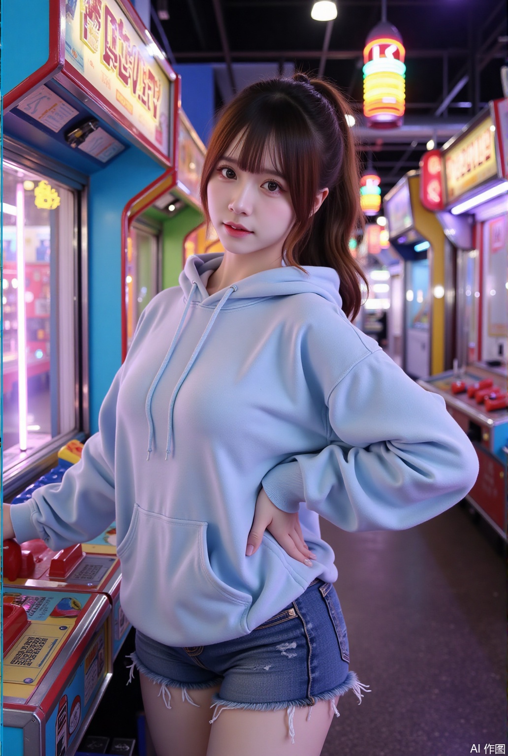 In the bustling arcade, a young Asian woman exudes youthful charm. Her makeup is minimal, with just a touch of mascara and a sheer lip tint, accentuating her natural beauty. Her hair is a bright chestnut brown, styled in a playful high ponytail that bounces with her movements. She wears a loose, oversized hoodie in soft pastel blue, paired with a pair of short denim hotpants that show off her toned thighs. The arcade is filled with colorful lights, retro video game cabinets, and the hum of excited chatter. She stands in front of a vintage arcade machine, one hand on her hip and the other poised above the controls, ready to play. The camera captures her from a slight angle above, highlighting her playful demeanor. The lighting is detailed and volumetric, with god rays streaming through the arcade's neon signs. Her skin has a subtle shine, and the background is ultra-detailed, capturing the vibrant atmosphere. Her expression is a mix of curiosity and excitement, embodying the essence of a carefree day out.
