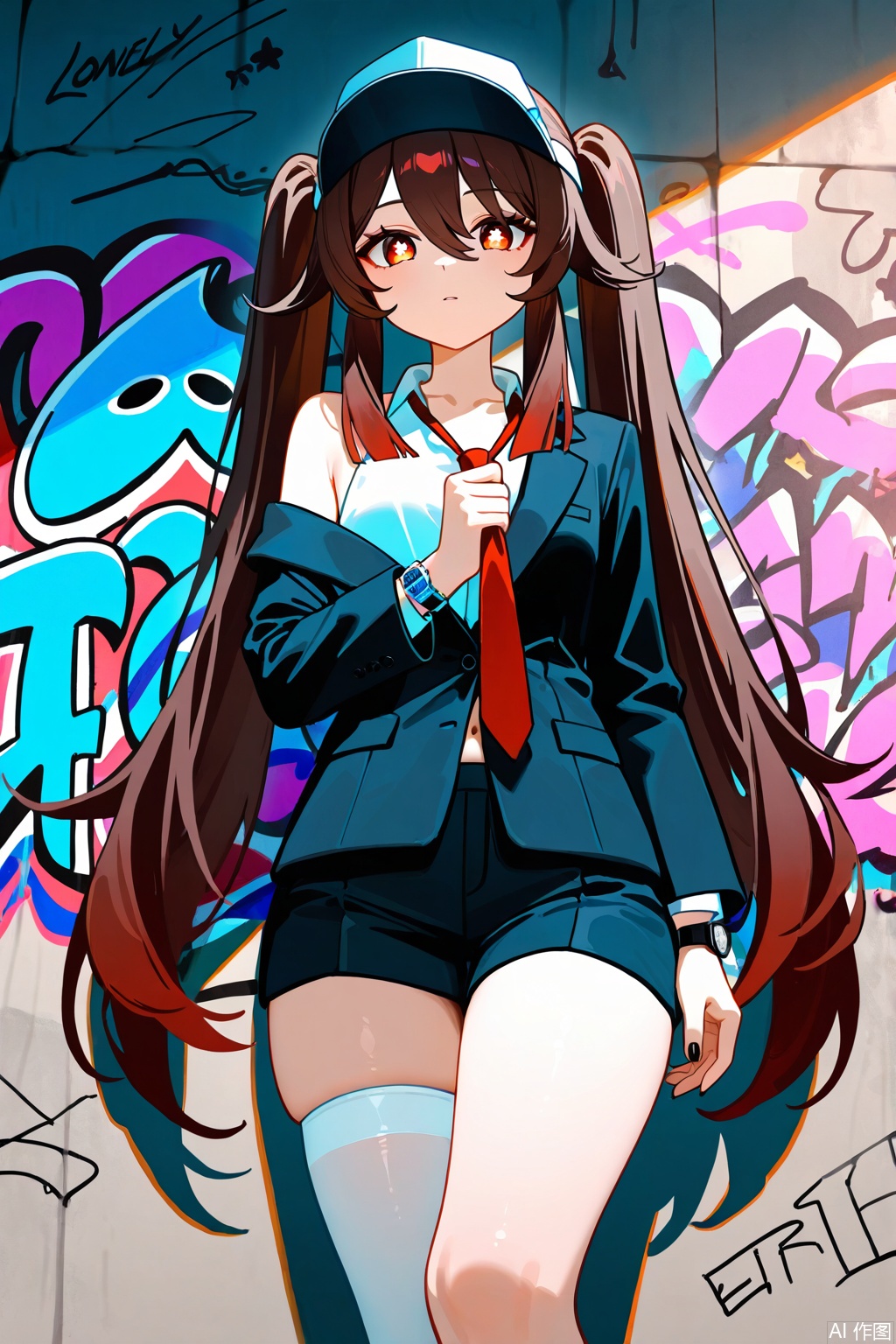 1girl,hu_tao_\(genshin_impact\),symbol-shaped_pupils,long_hair,solo,brown_hair,red_eyes,black_nails,off_shoulder,cloud,contemporary,twintails,eirt,looking_at_viewer,collarbone,thighs,alternate_costume,bare_shoulders,hair_between_eyes,nail_polish,star-shaped_pupils,bangs,single_thighhigh,flower-shaped_pupils,hand_up,sidelocks,watch,stomach,star_\(symbol\),ghost,cloudy_sky,,ofuda_on_clothes,visor,hat,from_below,(Graffiti wall:1.4),(lonely:1.4),necktie_grab,full_shot,wide_shot,(business_suit:1.3),White silk stockings