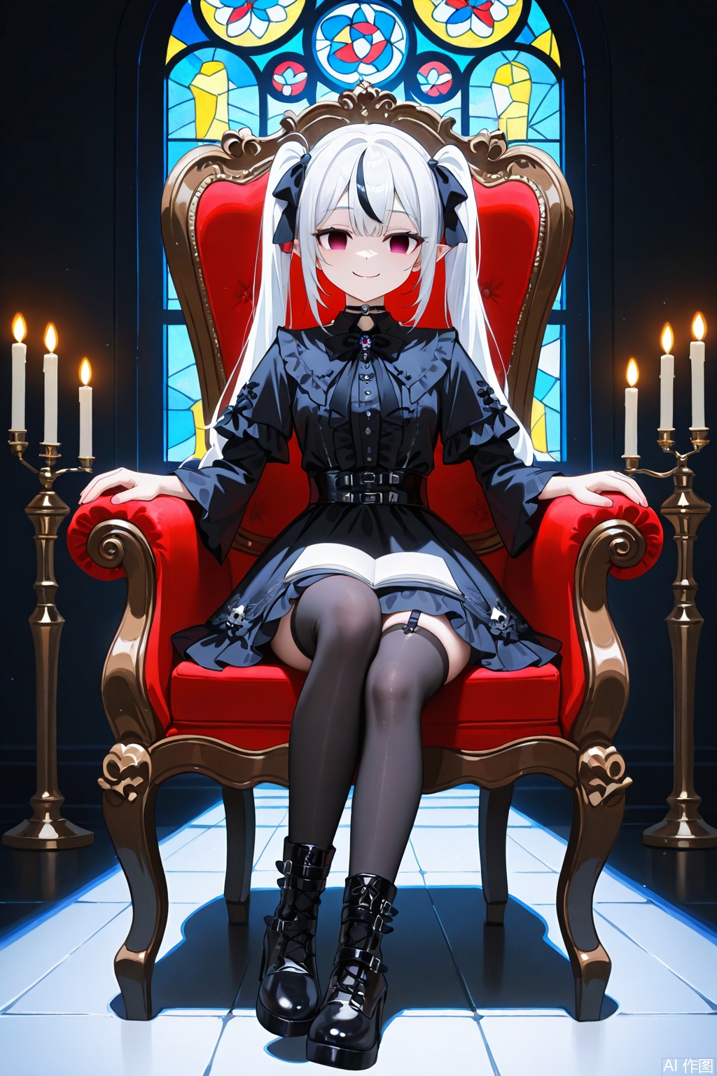 photo Realism style, digital painting, best quality, high detail, 1girl,solo,twin tails, bright hair color,fair skin,(false smile, empty eyes), gothic ta fashion, black lace dress, black thigh-high stockings, black high-heeled boots, sitting pose on an ornate gothic chair, legs crossed, right hand holding a open thin notebook, a blank page , "Terika" written in the upper left, showing the notebook to the viewer,relaxed and confident expression, dimly lit environment, dark gothic background, intricate stone archways, stained glass windows with crimson and violet hues, flickering candles, shadows cast across the scene, subtle glowing light accents,BREAK, chromatic aberration, glowing light, anatomically correct, textured skin, super detail, UHD