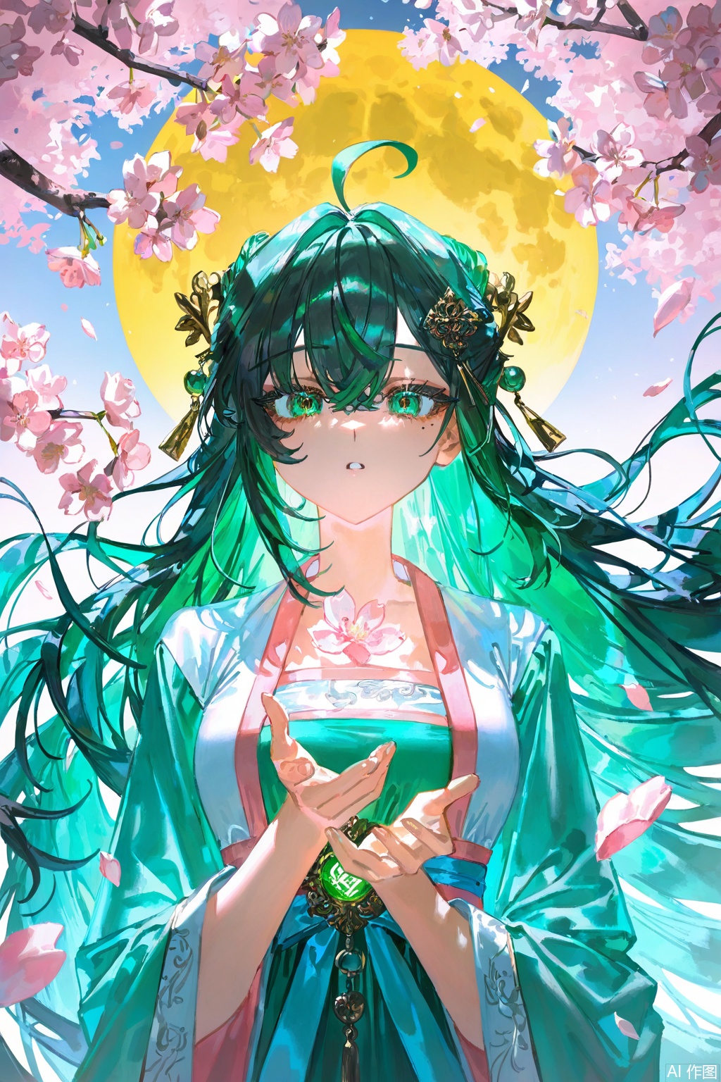 masterpiece,best quality,solo,long hair,mole under eye,1girl,upper body,petals,looking at viewer,hanfu,hair ornament,moon,branch,cherry blossoms,japanese clothes,chinese clothes,flower,
extreme aesthetic,(quasarcake:0.7),masterpiece,best quality,good quality,newest,year 2024,year 2023,very aesthetic,absurdres,
A shot with tension,(Visual impact,giving the poster a dynamic and visually striking appearance:1.2),impactful picture,offcial art,colorful,splash of color,movie perspective,advertising style,magazine cover,green hair,ahoge,plump,green eyes,