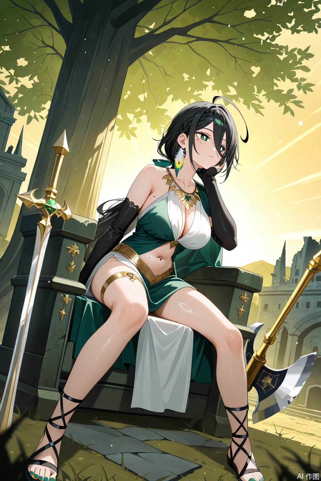 Score_9、Score_8_up、Score_7_up、source_anime、 Official art, anime artwork, Manhattan style, depth of field, blurred foreground, ray tracing, light particles, camera flashes, movie lighting, absurdity, high detail, Taurus zodiac theme, 1 girl, solo, long hair, black hair, hair between the eyes Ahoge、 Long bangs, hair ornaments, braids, braided side buckles (mole below the left eye: 1.2), low ponytail braids on the shoulder, green eyes, bright pupils, green nail polish, feather earrings, feather necklaces, white corners, half demon corners, broken corners, expressionless faces, shiny skin, collarbone, single bare shoulder, big legs, legs, dresses, black and white dresses, multicolor dresses, golden accents (o Circles: 1.1), collarbone, abdomen, belly button, bridal gloves, short skirt, thigh strap, medieval sandals, medieval world, majestic and huge world tree, beautiful giant tree, ruins, dark atmosphere, mysterious atmosphere, sunrise, outdoors, sitting on the broken throne next to the tree, posing, elbow support, hands on cheeks, legs spread out, legs flat, weapons, long handled battle axe, side mounted Tauren battle axe, black and green battle axe, delicate eyes, beautiful lights, beautiful shadows, perfect anatomical structure, perfect body, mature body, looking at the audience, front view, from the side, from below, the majestic queen, Tauren Twelve Palace Queen. Wallpaper,
Masterpiece, Best Quality, Latest,