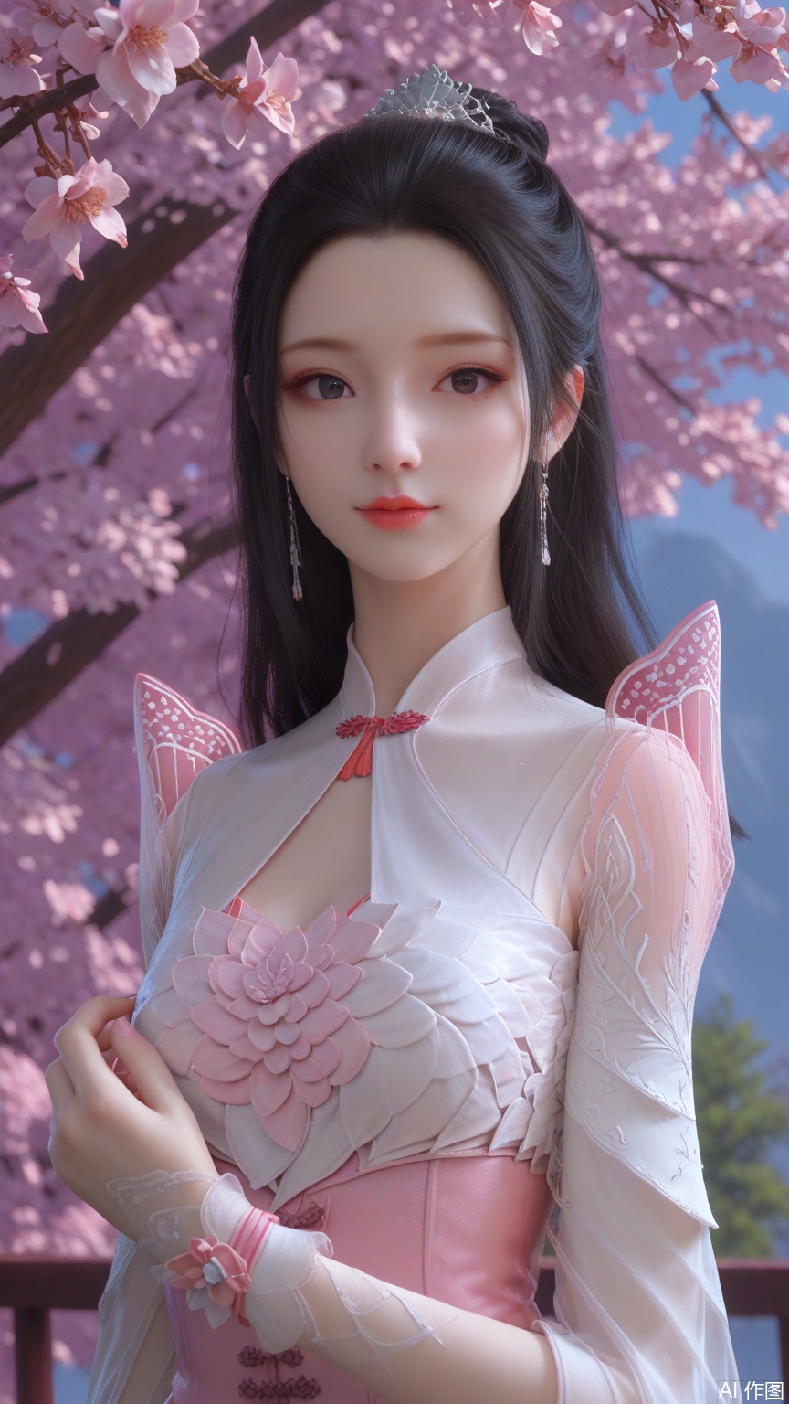 score_9_up,score_8_up,score_7_up, (high definition, Best quality, masterpiece, 4K, exquisite skin), (petal and beam background:1.1), 1girl, big chest, looking at viewer, upper_body