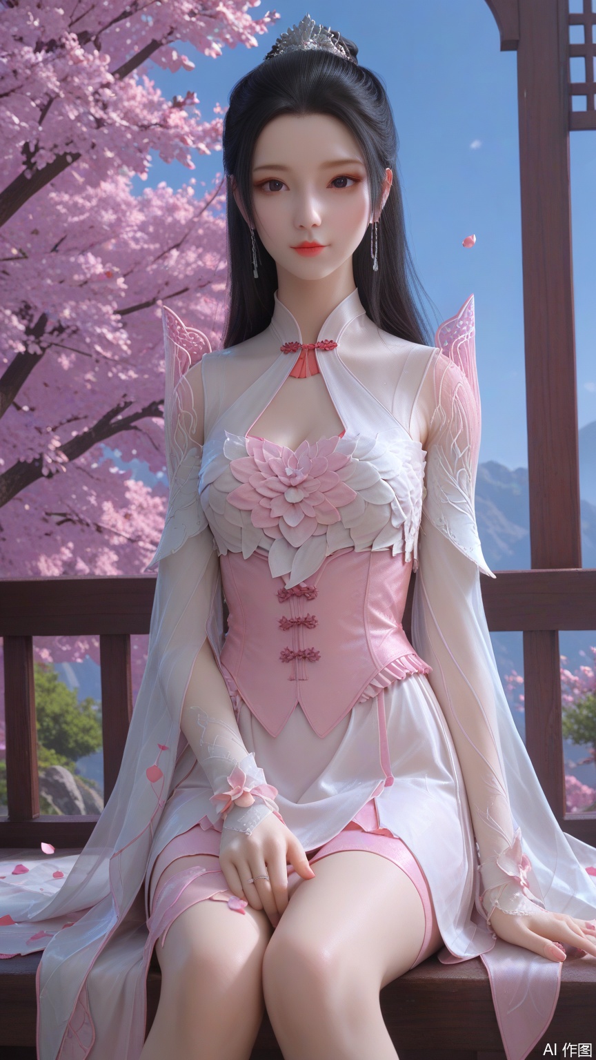 score_9_up,score_8_up,score_7_up, (high definition, Best quality, masterpiece, 4K, exquisite skin), (petal and beam background:1.1), 1girl, big chest, looking at viewer, sitting