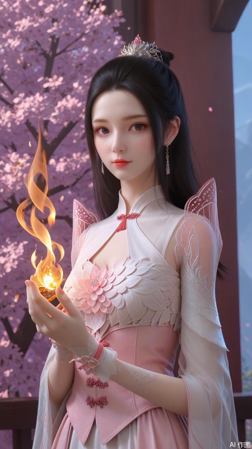 score_9_up,score_8_up,score_7_up, (high definition, Best quality, masterpiece, 4K, exquisite skin), (petal and beam background:1.1), 1girl, big chest, looking at viewer, cowboy_shot,Holding a golden flame in hand