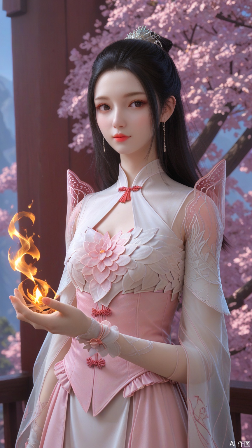 score_9_up,score_8_up,score_7_up, (high definition, Best quality, masterpiece, 4K, exquisite skin), (petal and beam background:1.1), 1girl, big chest, looking at viewer, cowboy_shot,Holding a golden flame in hand