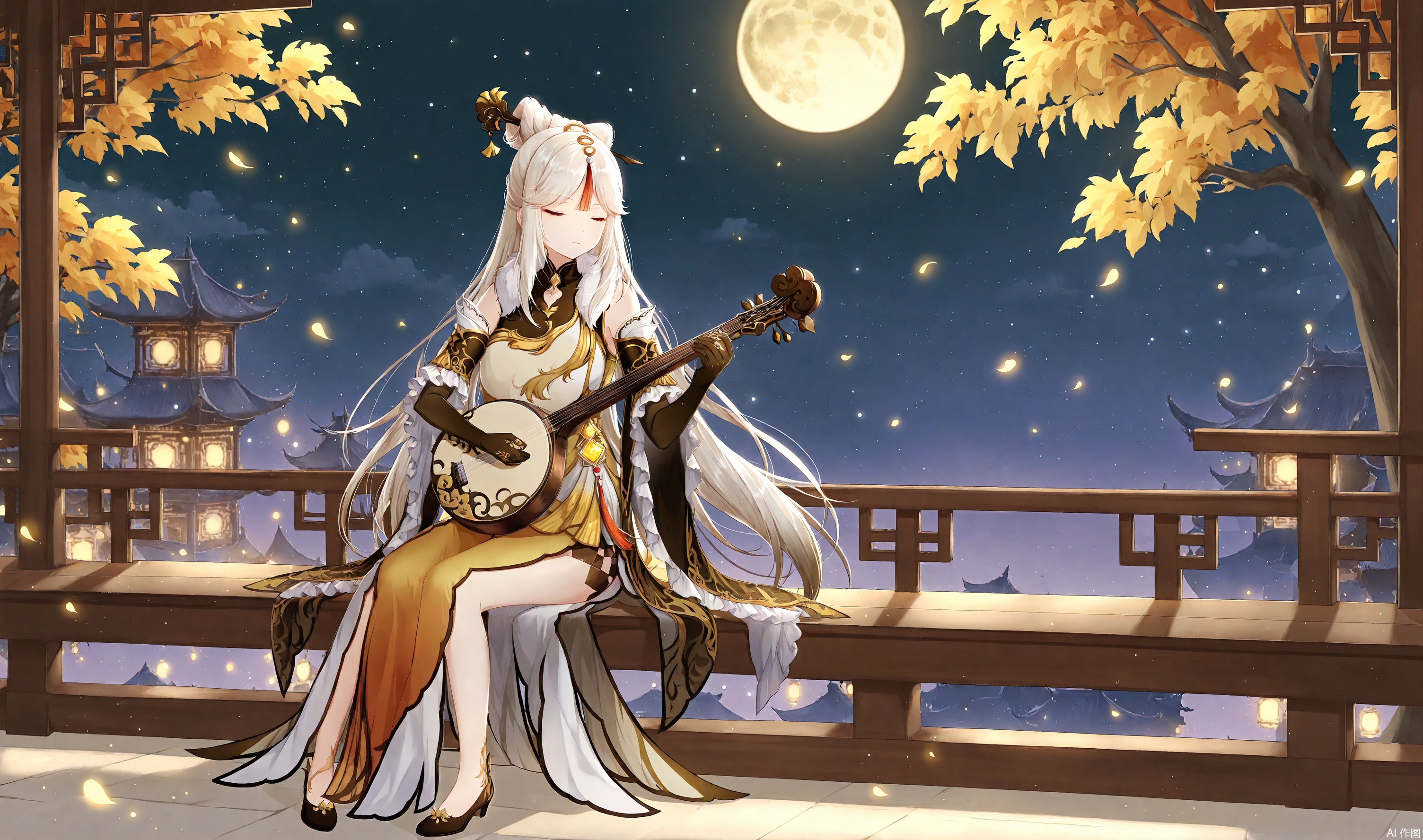 1girl, solo, long hair, bangs, hair ornament, long sleeves, dress, holding, sitting, very long hair, closed mouth, full body, closed eyes, white hair, outdoors, sky, tree, night, chinese clothes, moon, red dress, tassel, instrument, star \(sky\), night sky, full moon, shawl, music, hair stick, architecture, east asian architecture, playing instrument, holding instrument, hanfu, ningguang \(genshin impact\)