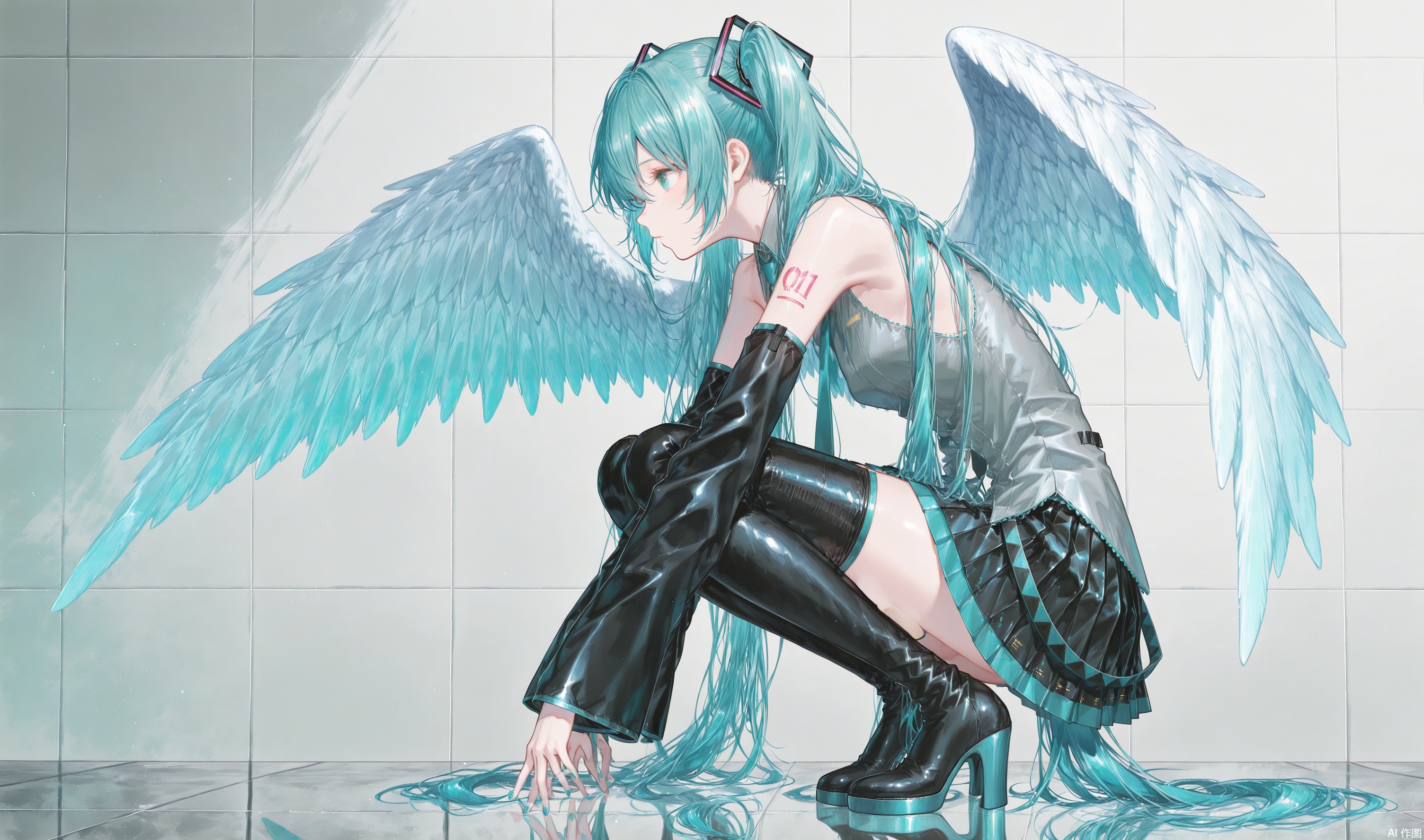 1girl, solo, long hair, breasts, skirt, shirt, hair ornament, thighhighs, bare shoulders, twintails, very long hair, full body, pleated skirt, boots, detached sleeves, wings, necktie, sleeveless, black thighhighs, miniskirt, black skirt, nail polish, black footwear, high heels, from side, aqua eyes, zettai ryouiki, sleeveless shirt, aqua hair, tattoo, profile, thigh boots, squatting, grey shirt, high heel boots, black sleeves, tiles, shoulder tattoo, aqua nails, aqua necktie, reflective floor, hatsune miku
