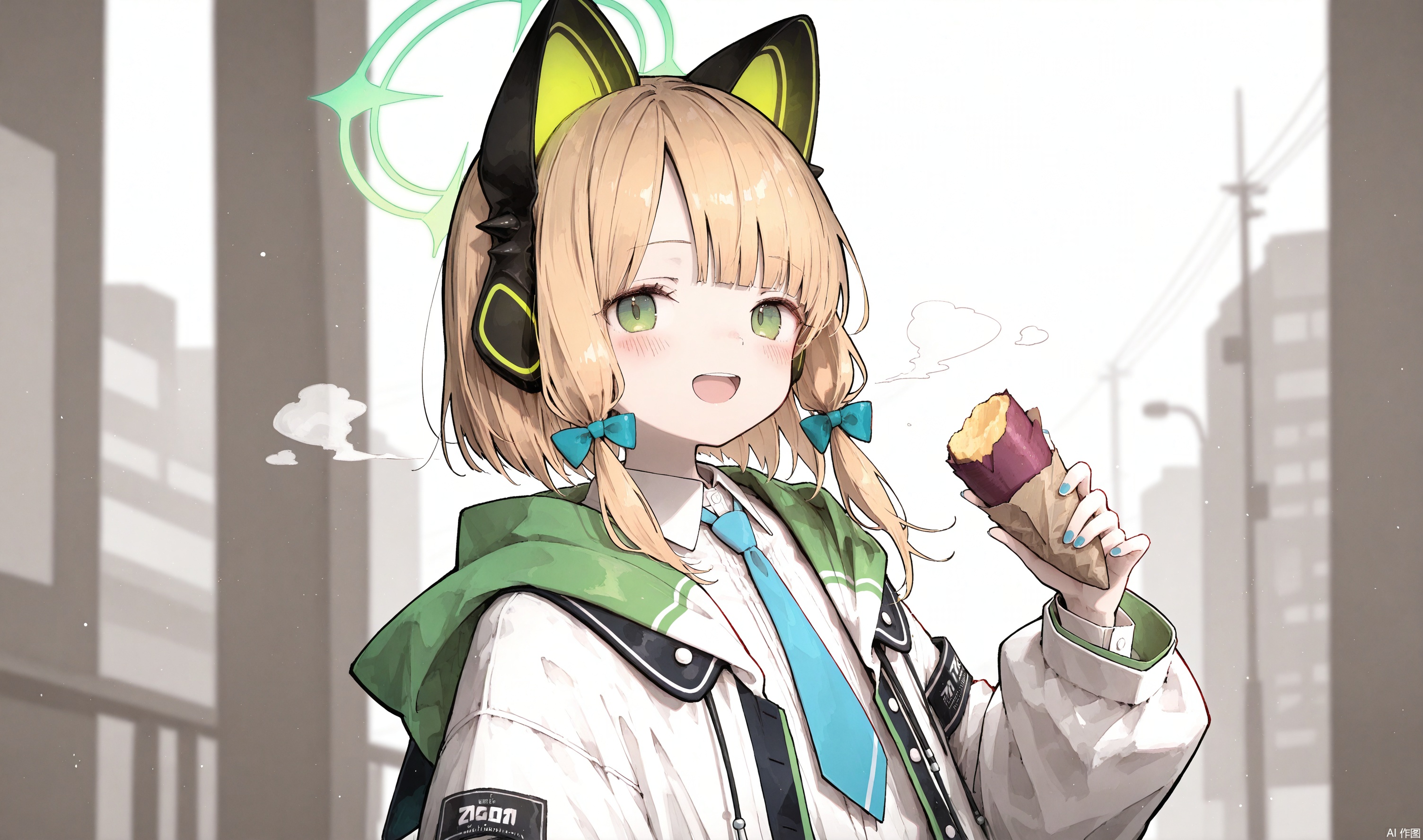  line-drawing-style,monochrome,full shot, greyscale,(best quality),(masterpiece),1girl, midori \(blue archive\), blue archive, aiamu iamu, holding food, holding, hooded jacket, food, sidelocks, :d, collared shirt, blurry, long sleeves, puffy sleeves, headphones, blue bow, hand up, necktie, upper body, halo, looking at viewer, jacket, sleeves past wrists, blush, nail polish, blue necktie, animal ear headphones, blurry background, blonde hair, shirt, green eyes, hood down, open clothes, depth of field, hood, smile, white jacket, fake animal ears, bow, puffy long sleeves, open jacket, solo, dress shirt, animal ears, white shirt, blue nails, hair bow, long hair, drawstring, sweet potato,