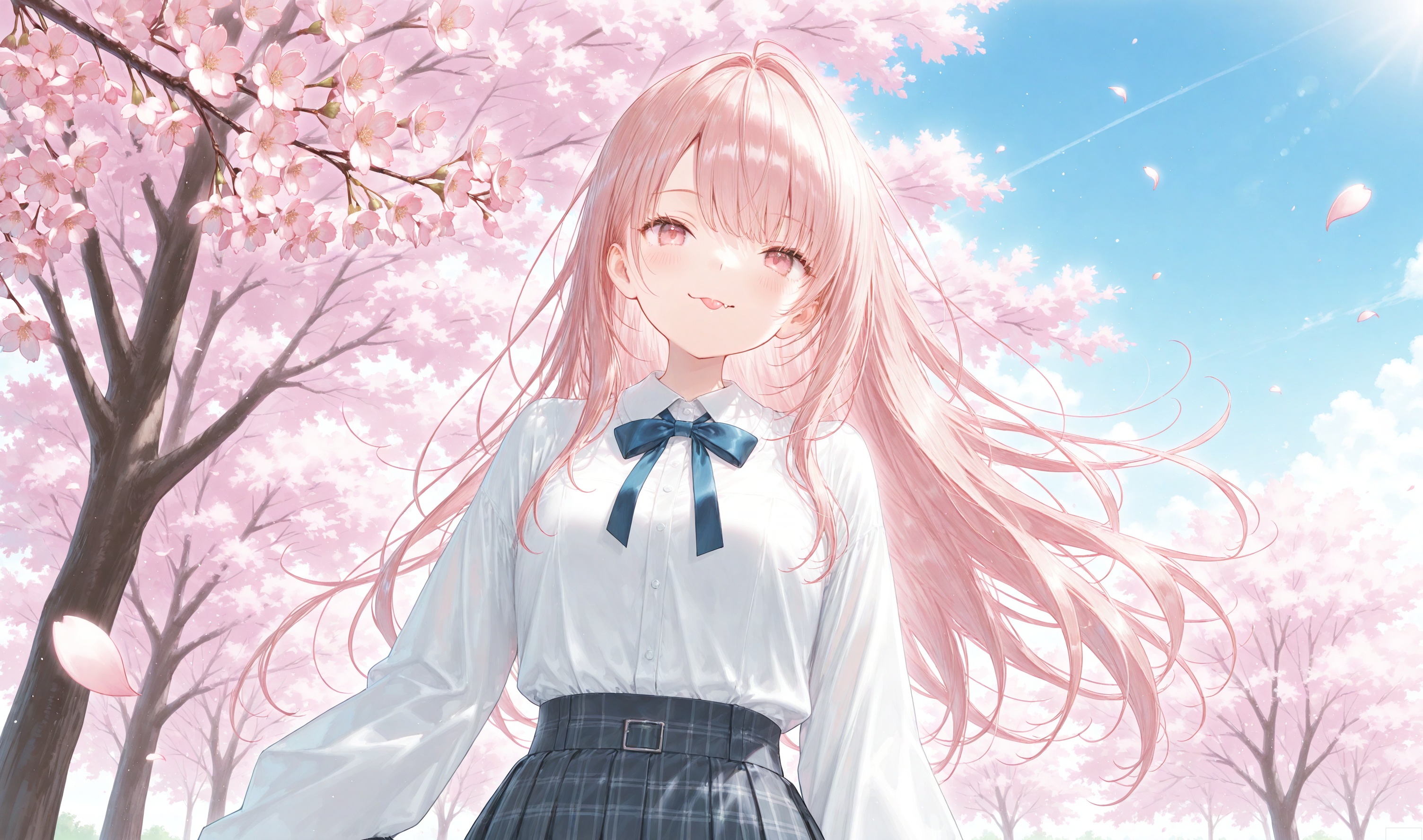 park,sky,day,skirt,bow,long hair, straight hair,smile,tongue out,fang,1girl,upper body,cherry blossoms