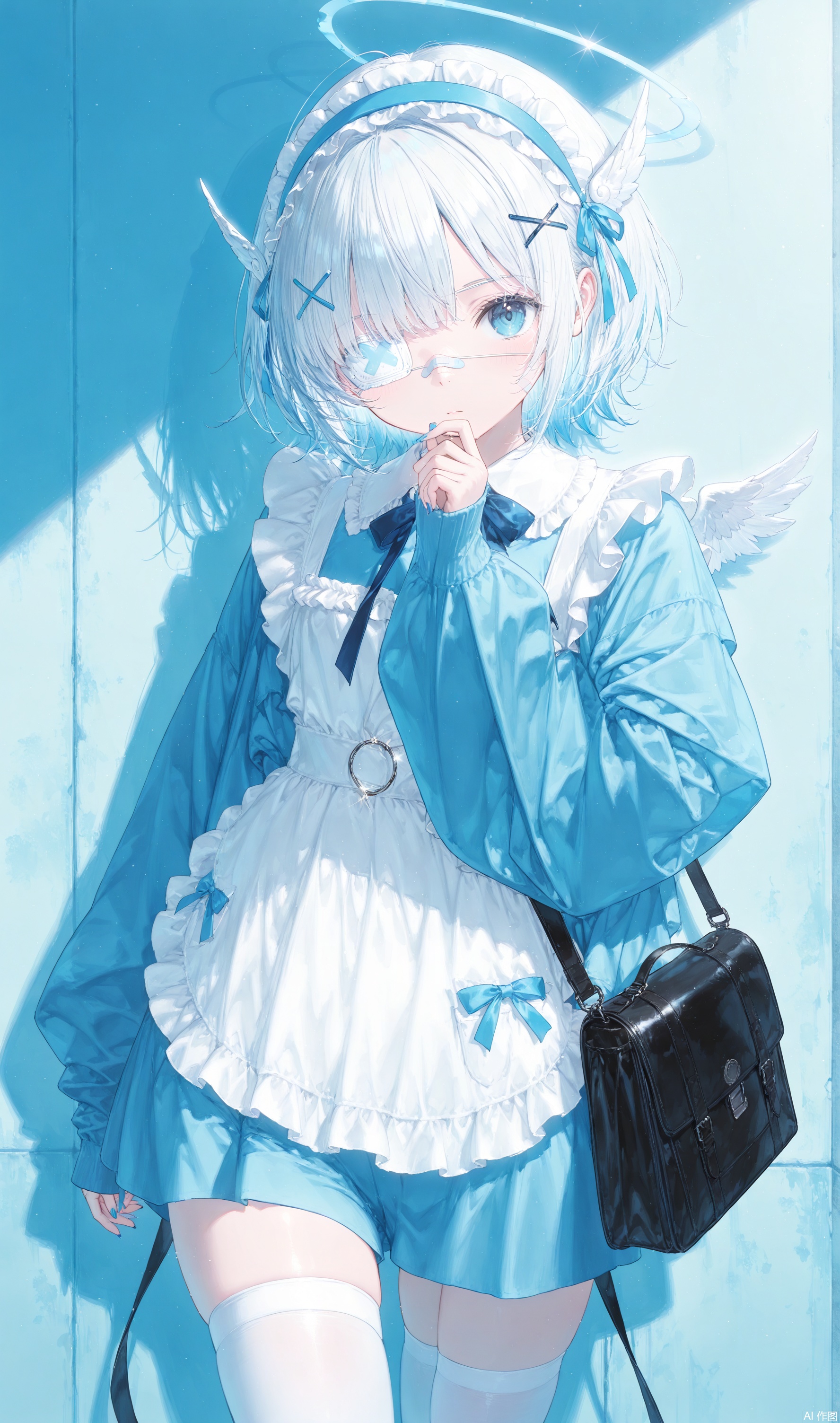 1girl,bandaid on face,white hair,bandaid,hair ornament,frills,wing hair ornament,jacket,eyepatch,hairband,short hair,blue eyes,glint,frilled hairband,long sleeves,hairclip,thighhighs,bandaid on nose,blue nails,looking at viewer,blue theme,sleeves past wrists,bag,,, masterpiece,best quality,highly detailed,extremely detailed, CG, 