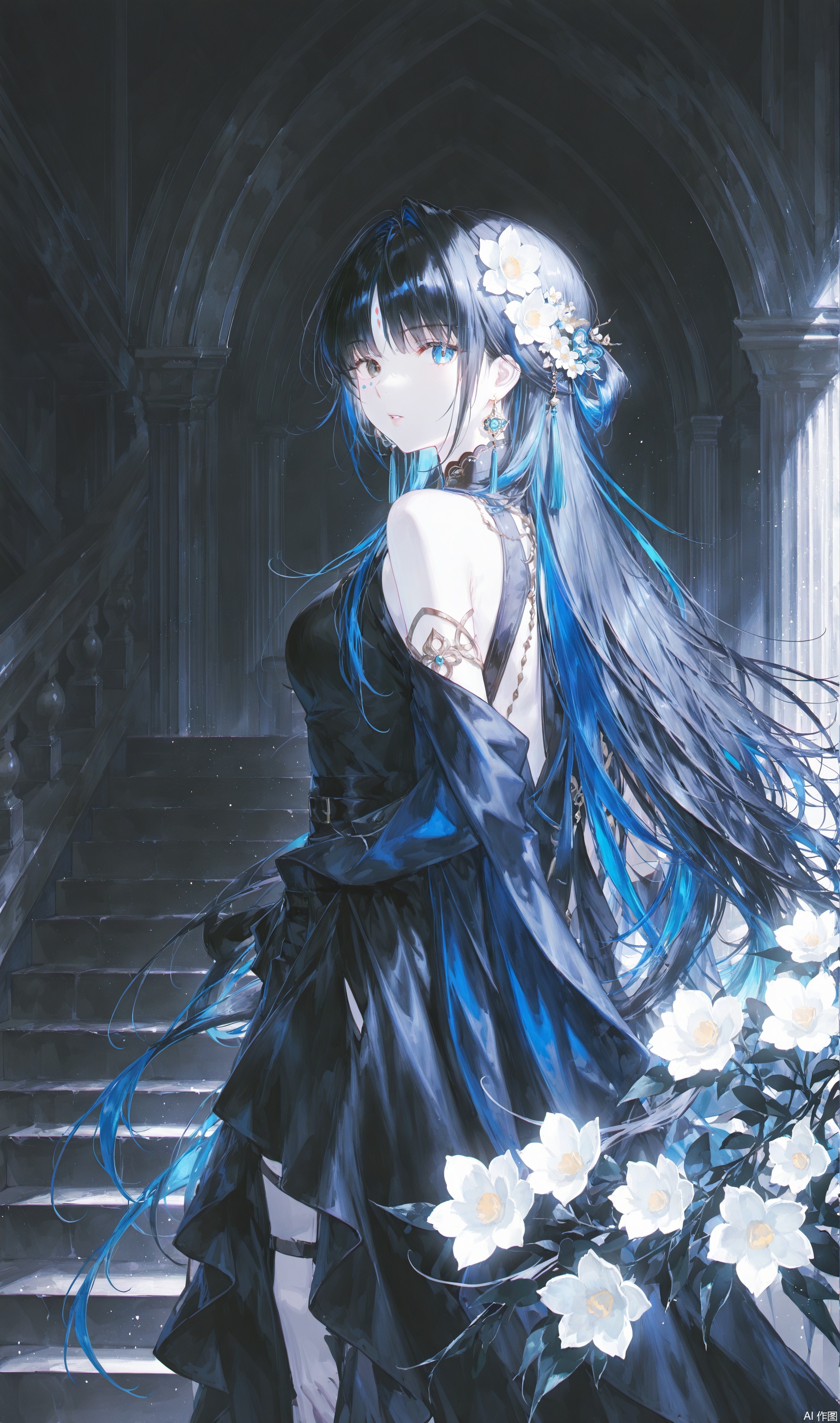 1girl, solo, long hair, breasts, looking at viewer, bangs, blue eyes, black hair, hair ornament, dress, bare shoulders, jewelry, very long hair, flower, multicolored hair, earrings, hair flower, black dress, from side, sleeveless dress, heterochromia, facial mark, white flower, pale skin, white skin, stairs, forehead mark