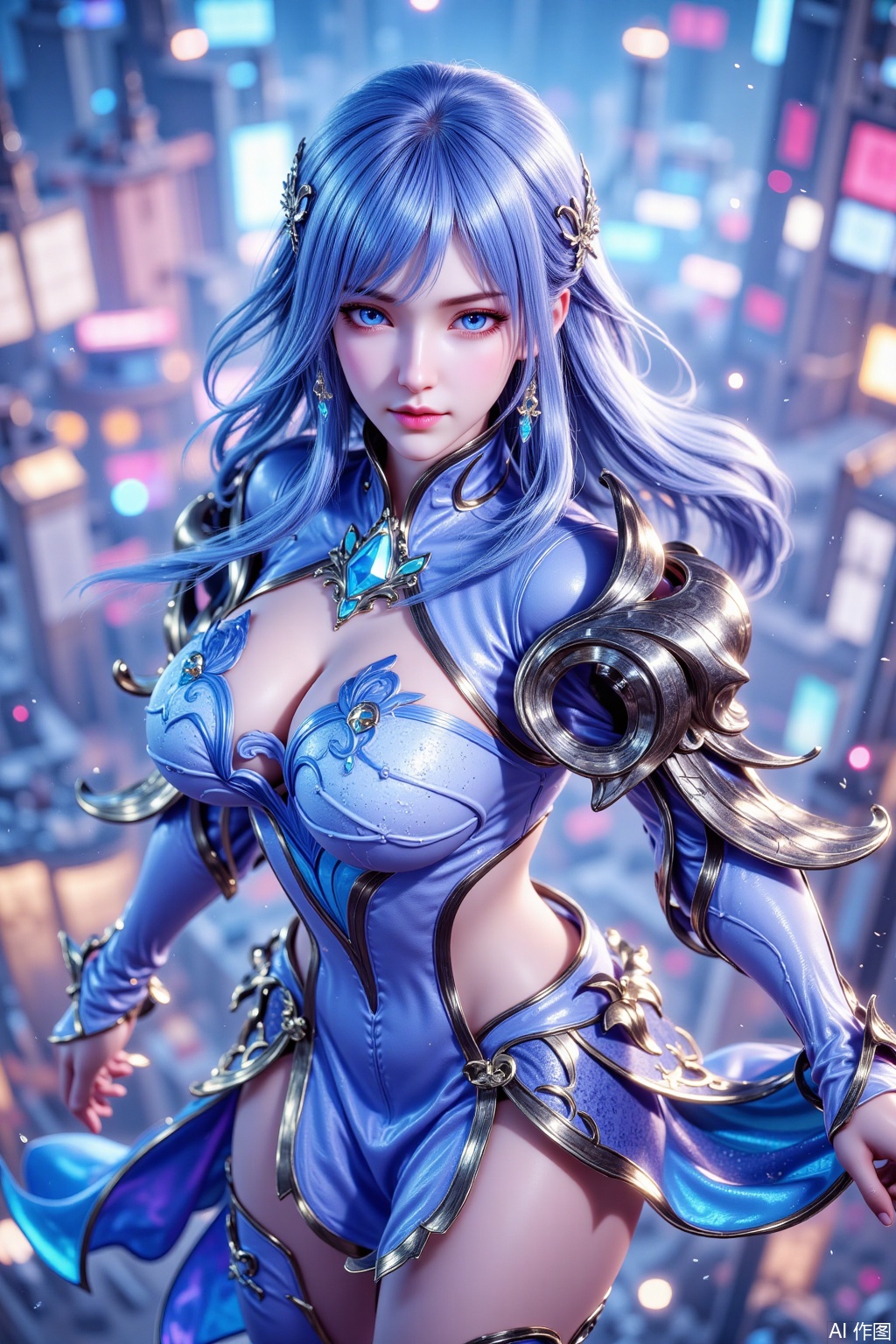 The image depicts a character with long, flowing blue hair and striking blue eyes. She is wearing an intricate, futuristic outfit that combines elements of armor and fantasy design. The outfit features a combination of metallic and fabric materials, with a prominent blue gem-like structure on her chest. Her attire includes a form-fitting bodice with gold accents and a skirt-like garment that extends to her thighs. The character stands confidently, with her hands positioned near her sides, suggesting readiness or readiness to engage in a task. The background is a vibrant, blurred cityscape with colorful lights, creating a dynamic and immersive atmosphere.