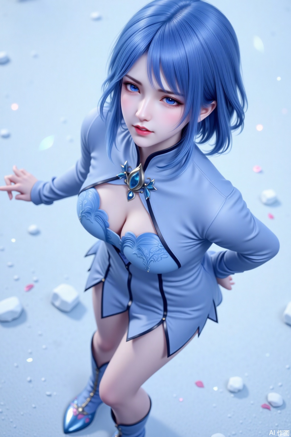 1 girl, alone, blue short hair, ancient style filter, whole body, perfect figure, dynamic posture, frowning, half-closed eyes, slightly drunk face, blushing, cheeks, open mouth, reveal upper teeth, contempt, contempt, dynamic expression, rolling eyes, eyeballs upward, looking upward. Blue clothes, big boobs, deep cleavage, beautiful long legs, high heels, smooth ground, snowy background, shot from low angle.
