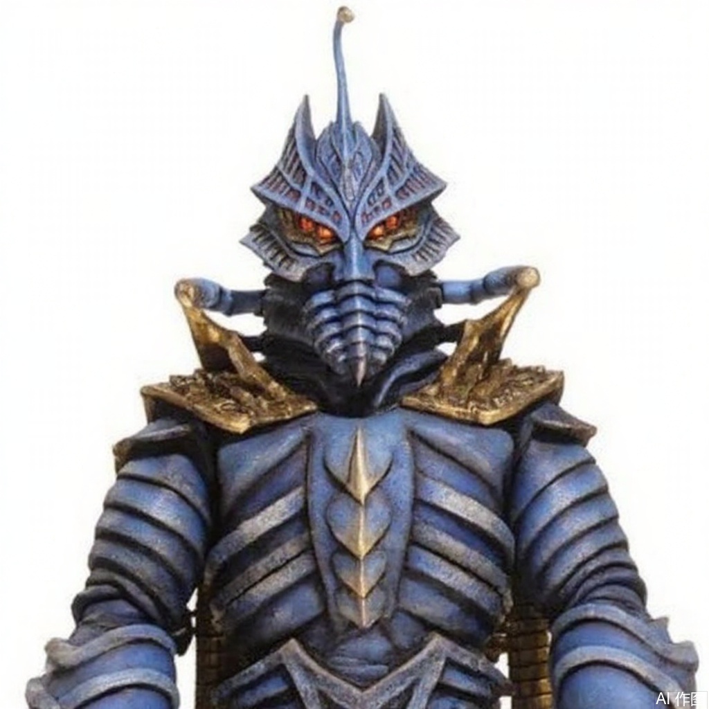 masterpiece, best quality,solo,(white background:1.2),simple background,
looking at viewer,breastplate,shoulder armor,gauntlets,cover,mask,helmet,full armor,weapon,spikes,armor,gloves,horns,mfls,helmet,mask,shoulder armor,armor,black border,tokusatsu,no humans,science fiction,silver head,hard mask,no smile,no eyes,no nose,blue rubber bodysuit with white line