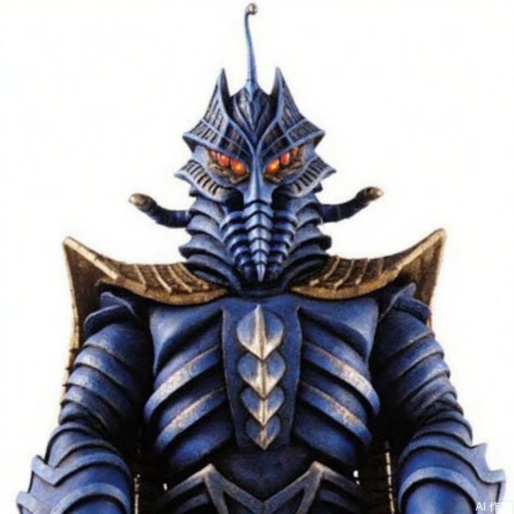 masterpiece, best quality,solo,(white background:1.2),simple background,
looking at viewer,breastplate,shoulder armor,gauntlets,cover,mask,helmet,full armor,weapon,spikes,armor,gloves,horns,mfls,helmet,mask,shoulder armor,armor,black border,tokusatsu,no humans,science fiction,silver head,hard mask,no smile,no eyes,no nose,blue rubber bodysuit with white line