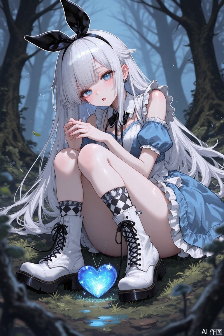 The image is an illustration of a young girl with long white hair and blue eyes
She is wearing a blue and white outfit with a bunny ears headband and a blue dress
She has black and white checkered knee-high socks and white boots with black laces
The girl is sitting on the ground with her legs crossed and her hands resting on her knees
In front of her, she is holding a small blue heart-shaped object
The background is a dark and eerie forest with trees and bushes
The overall mood of the image is mysterious and whimsical.