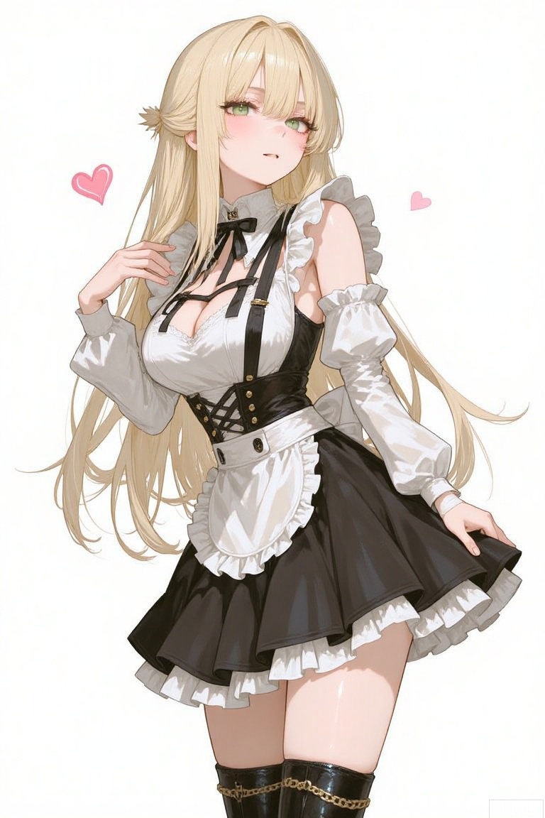 The image is a digital illustration of a young woman with long blonde hair and green eyes
She is wearing a black and white maid outfit with a ruffled collar and a black skirt
The outfit is made of a shiny, metallic material and has a high neckline and long sleeves
The woman is also wearing a pair of black thigh-high boots with a gold chain strap
She has a small pink heart on her left shoulder and is posing with one hand on her hip
The background is white
The overall style of the outfit is elegant and sophisticated.