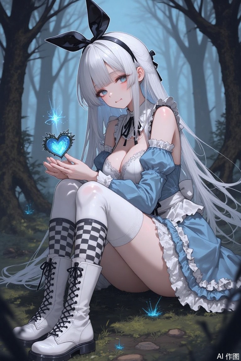 The image is an illustration of a young girl with long white hair and blue eyes
She is wearing a blue and white outfit with a bunny ears headband and a blue dress
She has black and white checkered knee-high socks and white boots with black laces
The girl is sitting on the ground with her legs crossed and her hands resting on her knees
In front of her, she is holding a small blue heart-shaped object
The background is a dark and eerie forest with trees and bushes
The overall mood of the image is mysterious and whimsical.