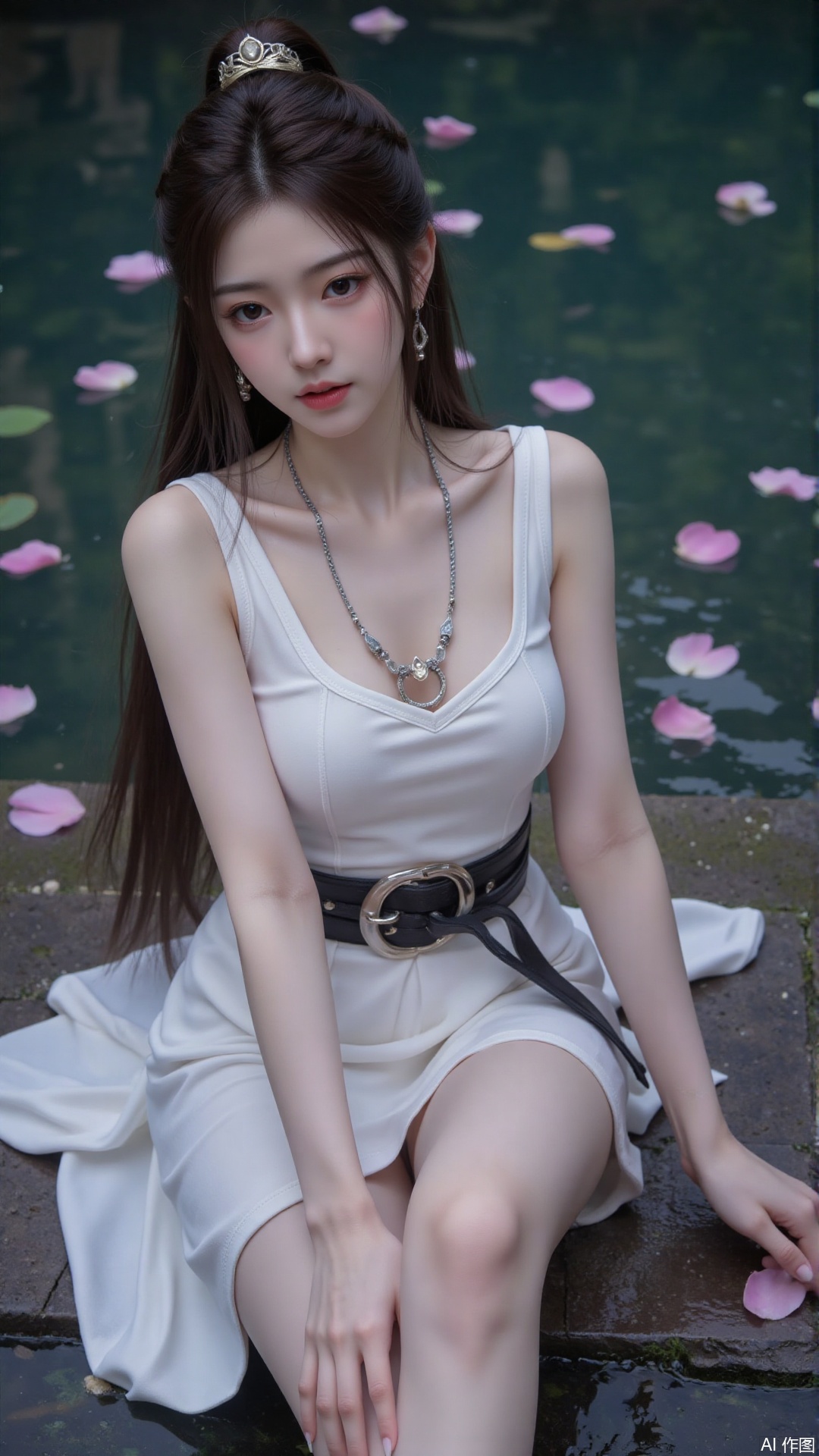 Ultra clear, wallpaper, 8k, masterpiece, 1girl, solo, long hair, looking at viewer, hair ornament, dress, jewelry, sitting, earrings, water, necklace, petals, bare legs, leaf, soaking feet, falling petals