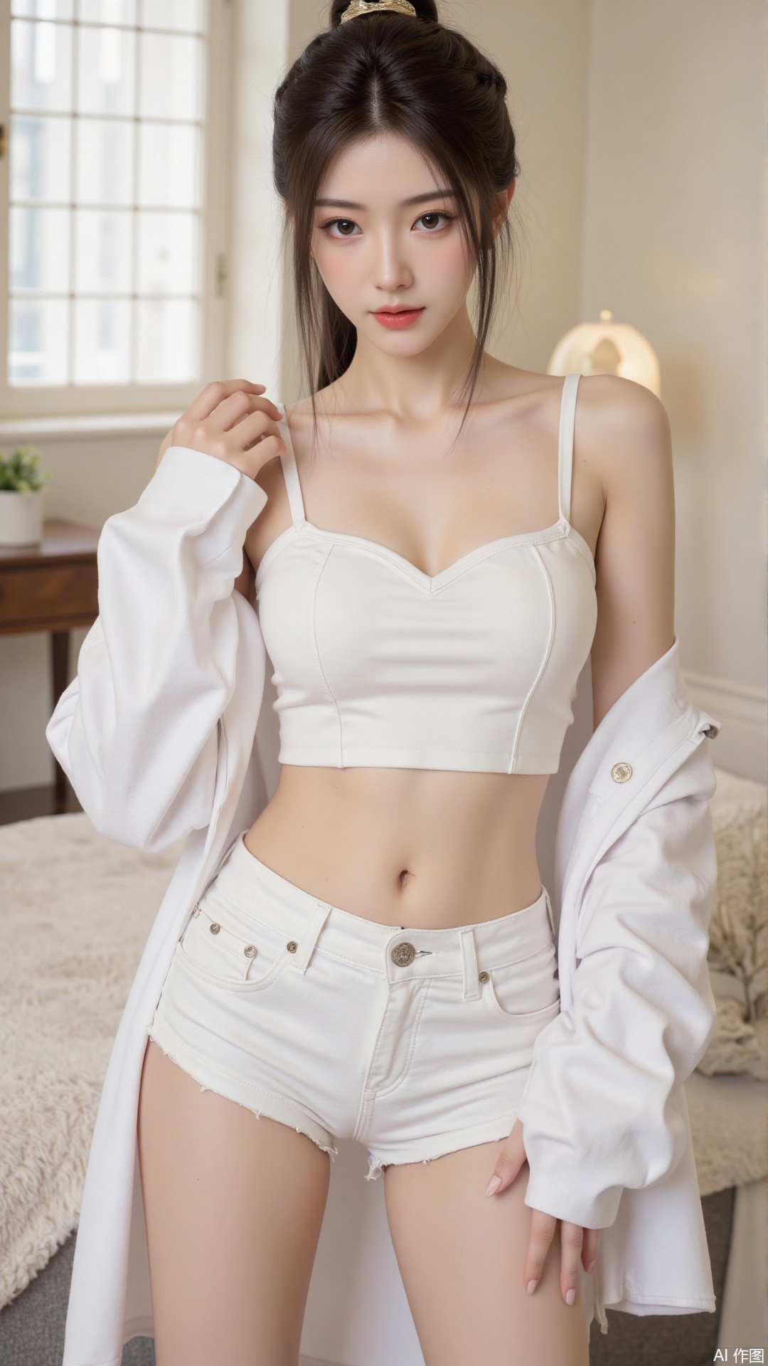 masterpiece,very aware,highres,absurdres,newest,best quality,chromatic_aberration,cinematic_angle,dutch angle, 1girl, solo, breasts, navel, white shorts, crop top, shorts, looking at viewer, cleavage, midriff, white jacket, jacket, off shoulder, medium breasts, camisole, heart, open clothes, open jacket, cowboy shot, hair bun, bare shoulders, single hair bun, stomach, spaghetti strap, white camisole, long sleeves, brown eyes, short shorts, crop top overhang, standing, collarbone, hand up, white shirt, parted lips, shirt, blush, towel, thighs, sleeveless
