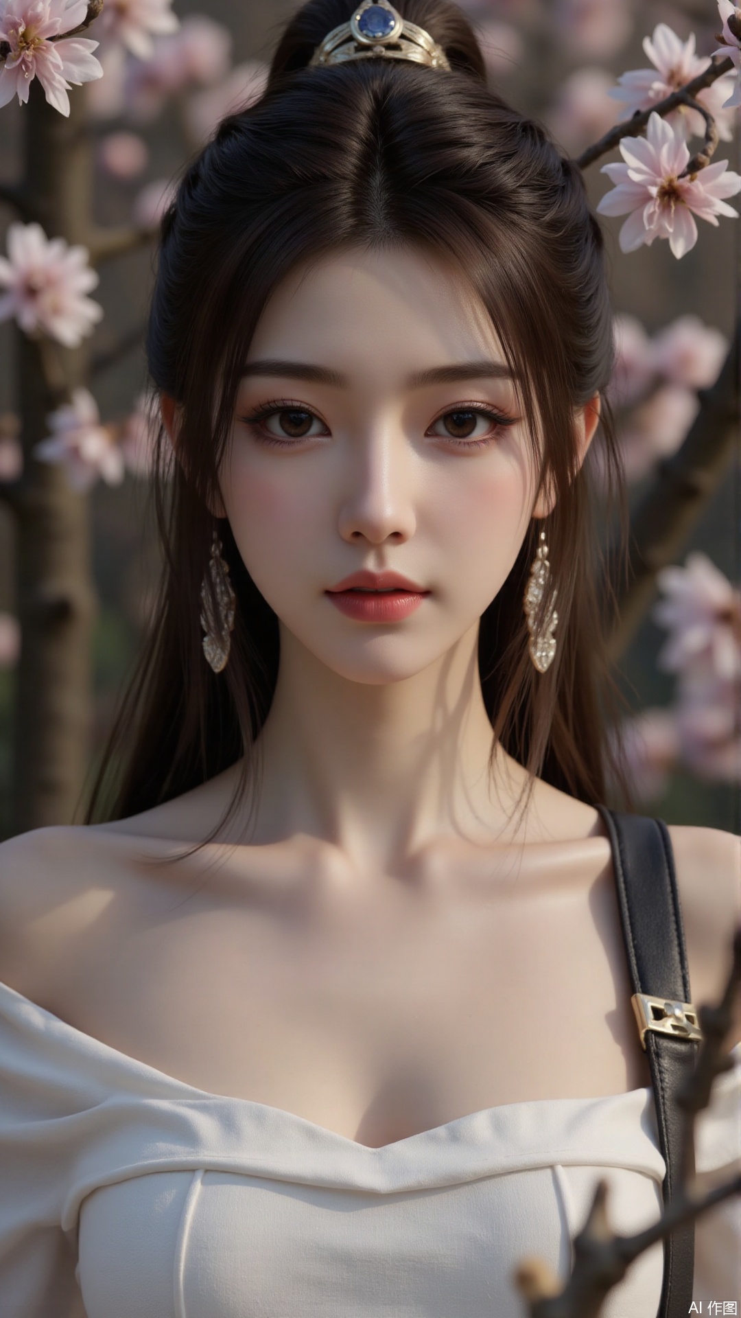 ((ultra realistic photograph)), (highest quality 8K resolution),
[intricate details: skin pores, eyelash strands, fabric texture],
[lighting: cinematic rim lighting + soft diffused key light],
depth of field f/1.4, Hasselblad H6D-400c,
[color grading: muted tones with warm/cool contrast],
hyperrealistic human anatomy, natural body posture,
environment reflection in eyes,
[texture contrast: matte skin vs glossy lips],
film grain simulation, Academy Color Encoding System,
Low-key Rembrandt lighting with chiaroscuro effect,
full-body shot from head to toe,full-length portrait,entire figure visible,complete anatomy showing feet to head,(photorealistic:1.3) ,
1girl, branch, solo, long hair, jewelry, earrings, hair ornament, dress, flower, looking at viewer, upper body, bare shoulders, chinese clothes, black hair, brown hair, white dress, hair bun, off shoulder, moon, closed mouth, expressionless, long sleeves, makeup