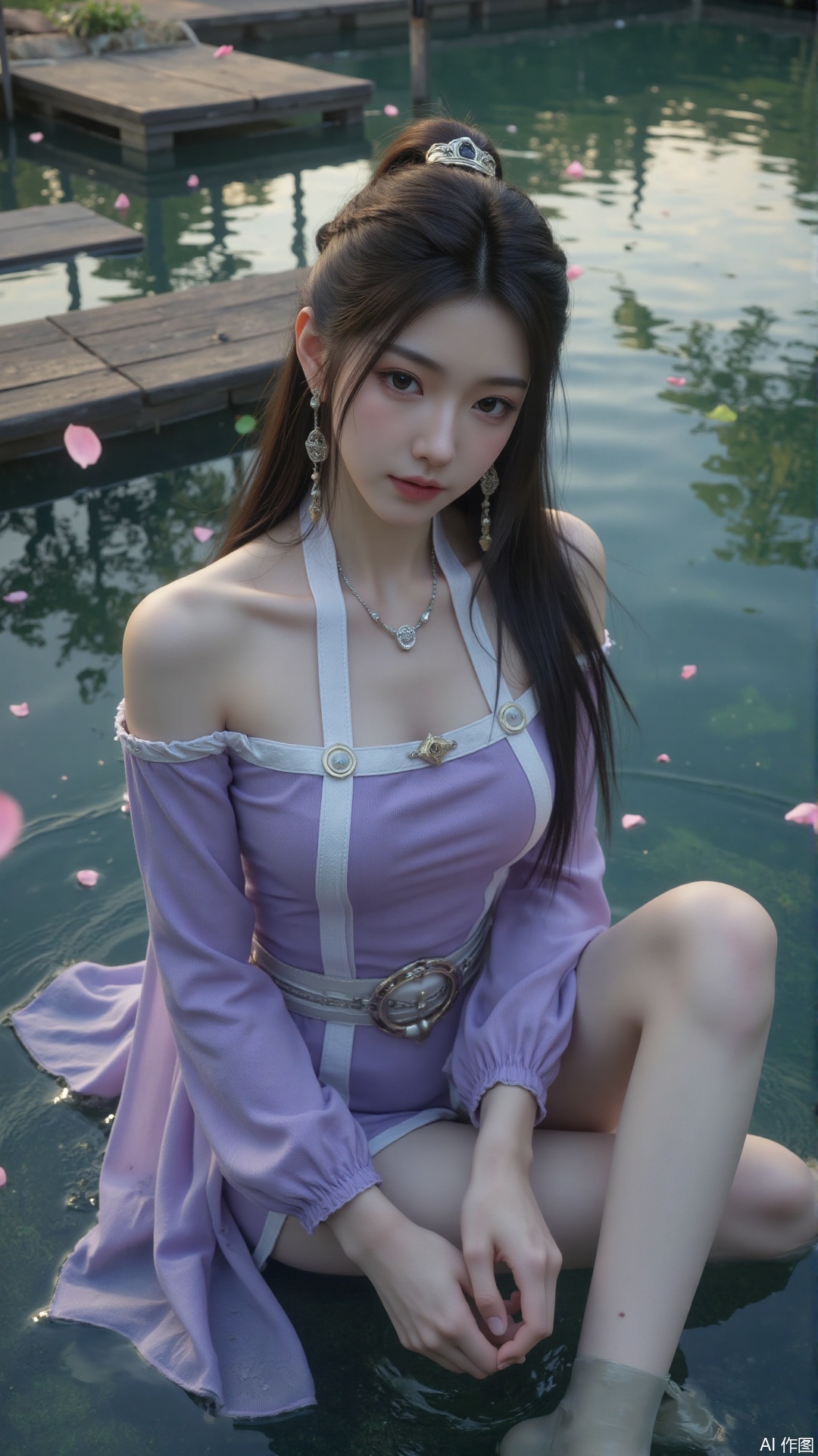 Ultra clear, wallpaper, 8k, masterpiece, 1girl, solo, long hair, looking at viewer, hair ornament, dress, jewelry, sitting, earrings, water, necklace, petals, bare legs, leaf, soaking feet, falling petals