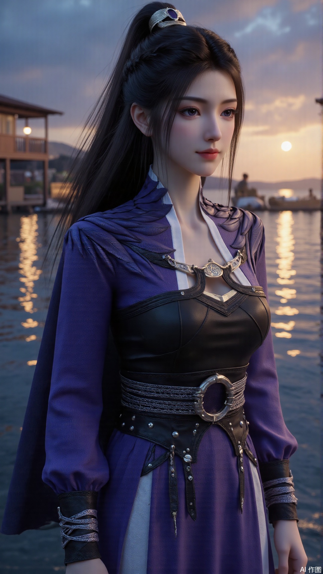 1girl, black hair, ponytail, purple dress, purple eyes, looking at viewer, mischevious smile, perfect body, scenery, sharp focus, best quality, masterpiece, detailed outfit, illustration, perfect eyes, finely detailed beautiful anime eyes, realistic skin, intricate details, best lighting, depth of field, ultra high resolution,cowboy_shot