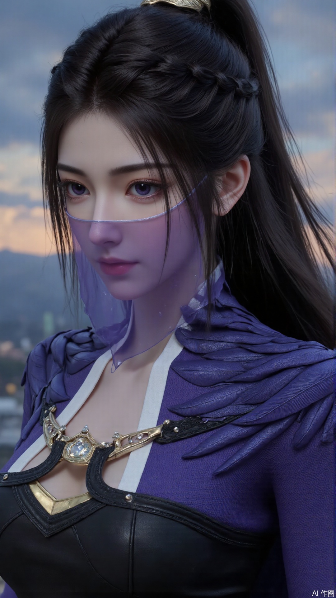1girl, black hair, ponytail, purple dress, purple eyes, looking at viewer, mischevious smile, perfect body, scenery, sharp focus, best quality, masterpiece, detailed outfit, illustration, perfect eyes, finely detailed beautiful anime eyes, realistic skin, intricate details, best lighting, depth of field, ultra high resolution,close up