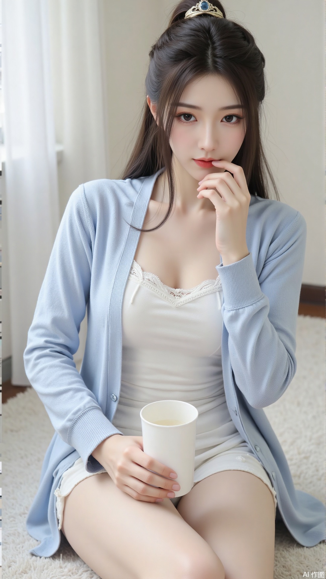The image shows a young woman sitting on the floor, dressed in a light blue cardigan and white lingerie. She is holding a white object, possibly a cup or a small container, with her right hand. Her left hand is resting on her cheek, and she is looking directly at the camera. 