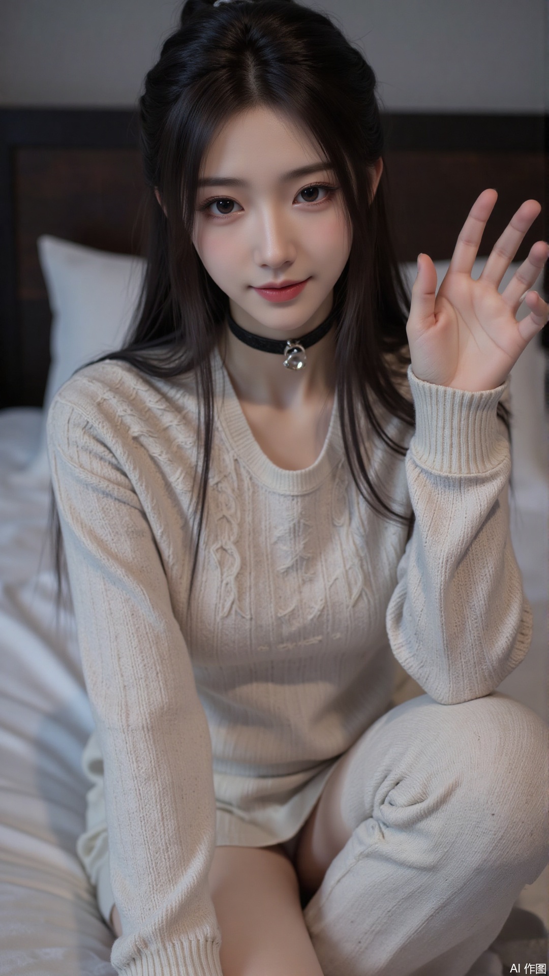 masterpiece,very aware,highres,absurdres,newest,best quality,high quality,chromatic_aberration,cinematic_angle,dutch angle, 1girl, solo, v, long hair, looking at viewer, sweater, black hair, sitting, on bed, smile, sleeves past wrists, long sleeves, grey eyes, bed, head tilt, indoors, pillow, :p, cable knit, hand up, blush, choker, brown hair, thighhighs, breasts, hair between eyes, official art,depth of field,detailed light,blurry background,best shadow,shiny skin,cinematic lighting,ray tracing, amazing quality,very aesthetic,absurdres,beast quality,ultra detailed,newest,8K,HDR,