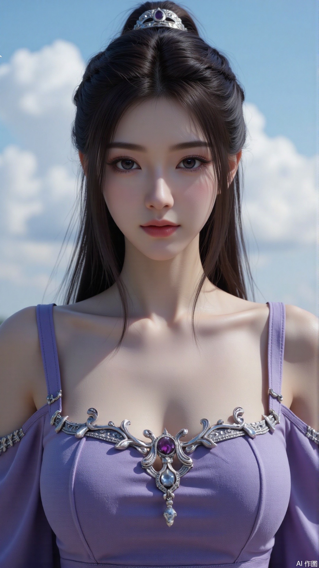 Very detailed face, extremely detailed eyes and face, blue eyes, (vacuum), 8K wallpaper, light leak, beautiful and detailed girl, extremely detailed CGUnity8K wallpaper, an extremely detailed and beautiful, beautiful and detailed eyes, masterpiece, best quality, Real photo level, (frontal shooting panoramic perspective), ( (Full body photo)), dynamic angle, dynamic pose, solo, ancient style silver hairpin with petals, blue sky and white clouds, (C cup), (huge round breasts), slender legs, super good figure, stunning beauty, (whole body in the mirror) , (wearing Lolita nightgown), (light reflects the shadow of the body through the clothes),vacuum,bare and smooth