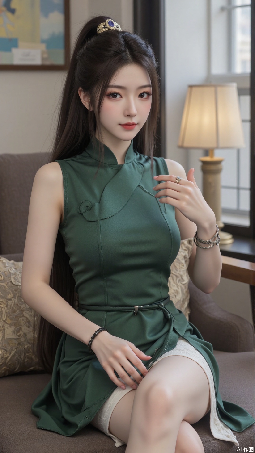 1 girl, solo, looking at the audience, black hair, hair accessories, dress, bare shoulders, jewelry, sitting posture, bracelet, Hanfu, ring, crossed legs, Hanfu, side slit, realistic, green dress, cheongsam, cheongsam, side slit, lace, cheongsam, side slit, lace