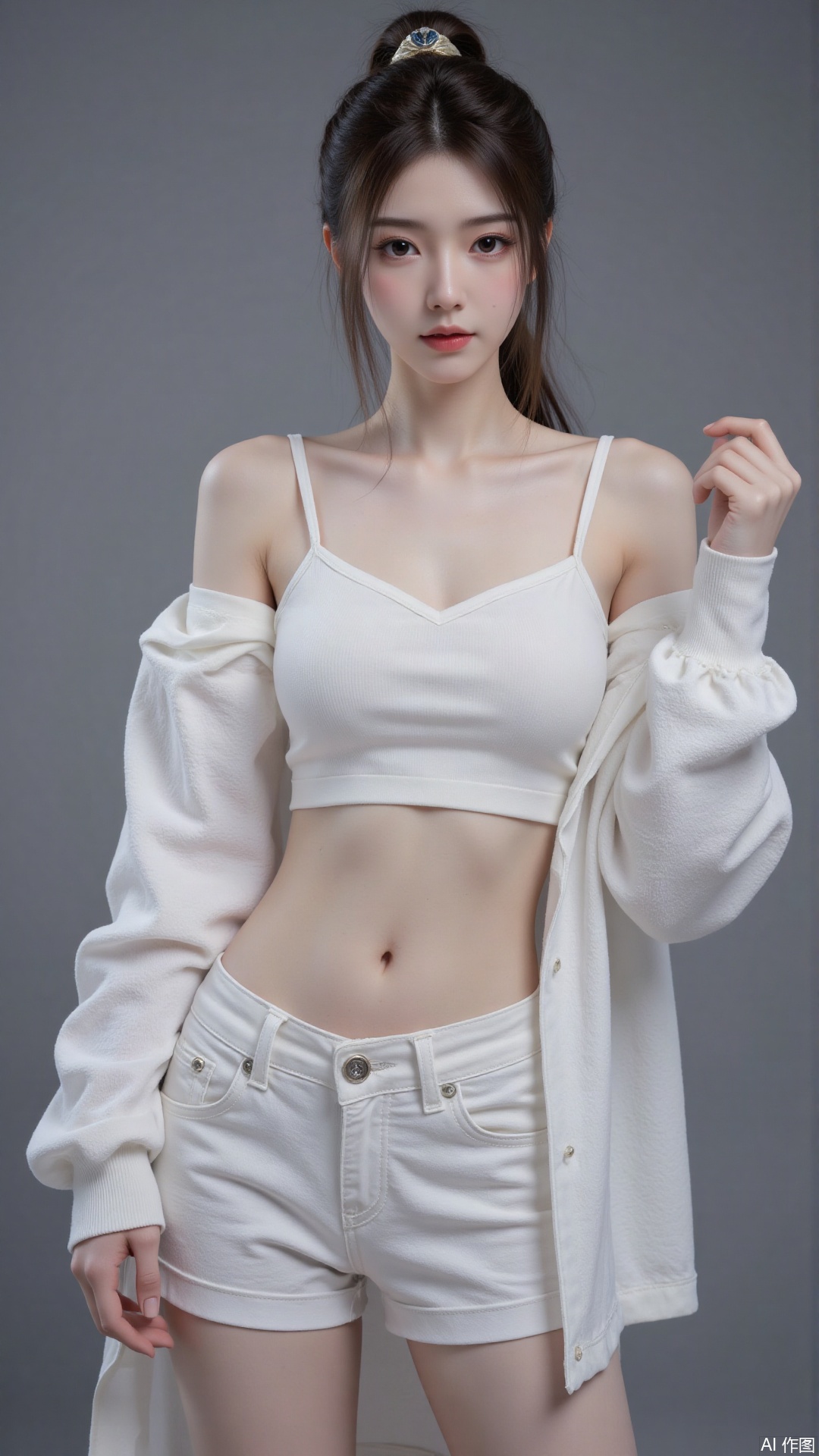 masterpiece,very aware,highres,absurdres,newest,best quality,chromatic_aberration,cinematic_angle,dutch angle, 1girl, solo, breasts, navel, white shorts, crop top, shorts, looking at viewer, cleavage, midriff, white jacket, jacket, off shoulder, medium breasts, camisole, heart, open clothes, open jacket, cowboy shot, hair bun, bare shoulders, single hair bun, stomach, spaghetti strap, white camisole, long sleeves, brown eyes, short shorts, crop top overhang, standing, collarbone, hand up, white shirt, parted lips, shirt, blush, towel, thighs, sleeveless
