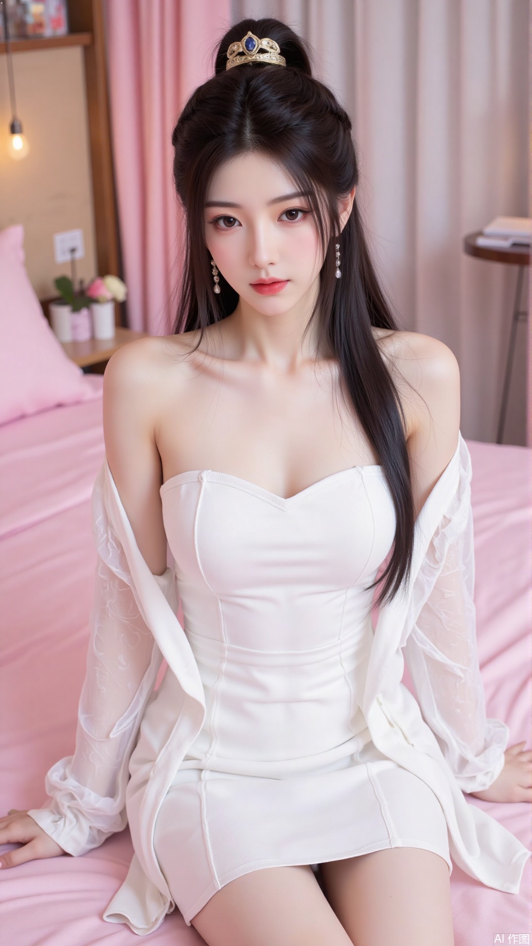 1 girl, solo, black hair, breasts, hair accessories.earrings. Look at the camera. 4/5 body.
A girl, alone, black hair, dress, brown eyes, makeup, Chinese dress, white dress, bun, lipstick, Chinese dress, white transparent dress, perfect breasts, full chest, side seam, shawl, red lips, sitting on a pink bed, lying on a pink festive bed, lying flat on the sheets, exposed skin white beauty retreat