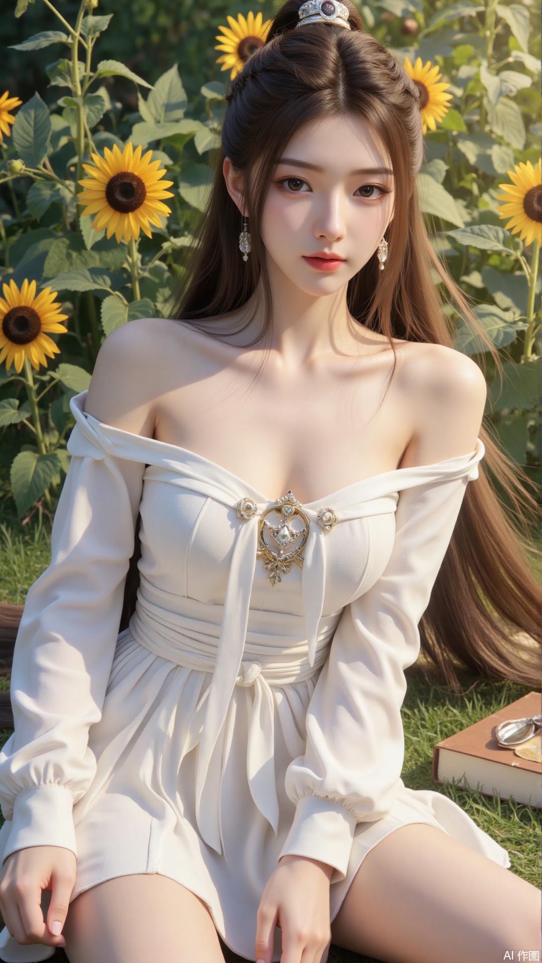 1girl, solo, long hair, brown hair, long sleeves, dress, ribbon, bare shoulders, jewelry, flower, earrings, outdoors, lying, white dress, book, sunflower, ,Light, shadow ,Illustration, lightshadow,shadow,masterpiece,best quality,good quality,very aesthetic,A shot with tension,impactful picture,offcial art,movie perspective,masterpiece,facing the lens,best quality,very aesthetic,extremely delicate and beautiful,huge filesize,amazing quality,solo_focus,depth_of_field,sunlight,reflective,masterful details,intricate details, high contrast,natural skin texture,soft light,sharp,ultra-high resolution,32K UHD,