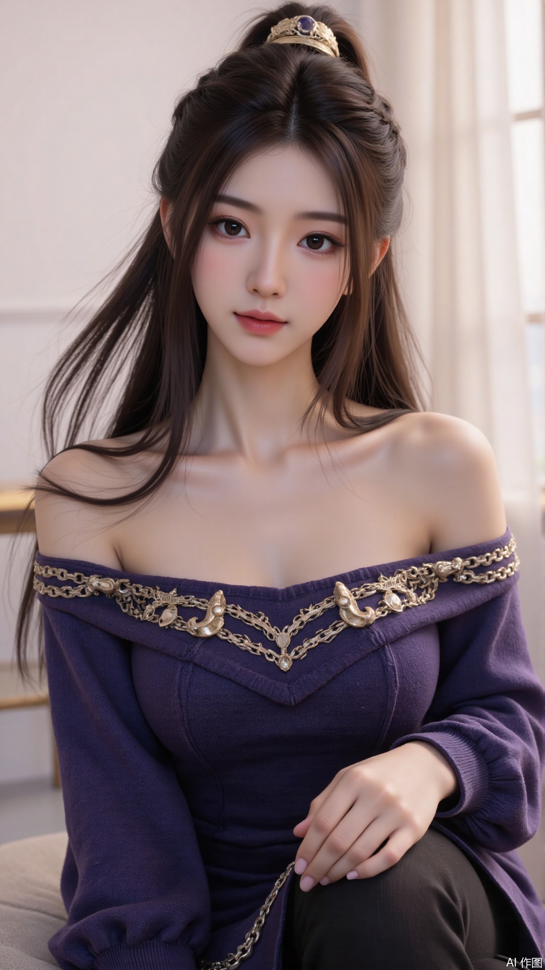 1girl, solo, long hair, looking at viewer, smile, sitting, collarbone, off shoulder, sweater, messy hair, realistic